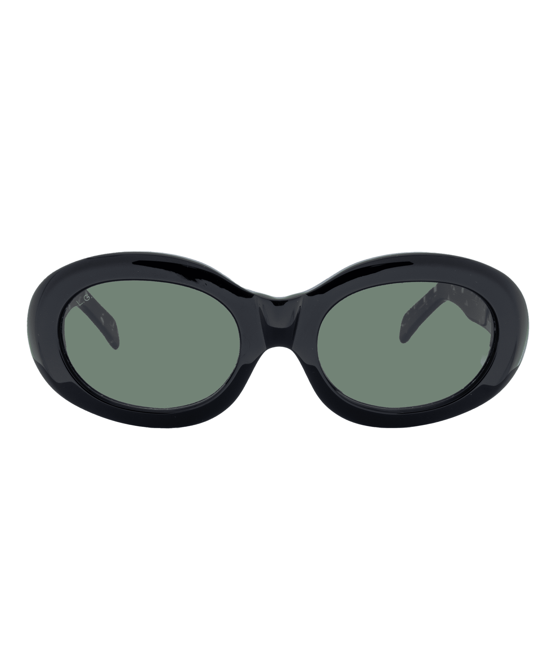 DUNE: Black oval sunglasses featuring thick, glossy frames and dark green tinted lenses, shown on a white background—discover this style at Vu, lunetterie à Montréal.