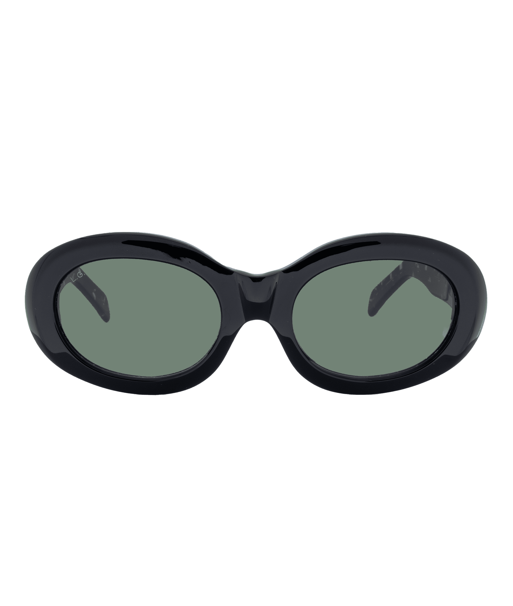 DUNE: Black oval sunglasses featuring thick, glossy frames and dark green tinted lenses, shown on a white background—discover this style at Vu, lunetterie à Montréal.