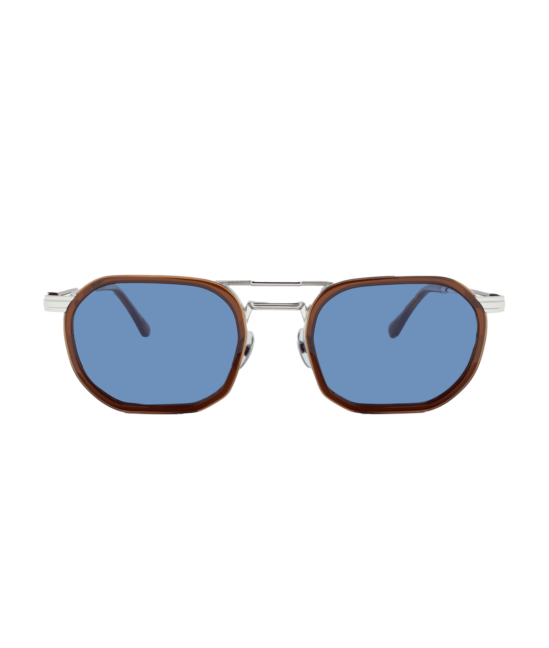 Front view of Vu sunglasses with blue lenses, silver metal arms, and a brown octagonal frame on a white background—find this style at la lunetterie à Montréal avec le plus grand inventaire de montures à Montréal.