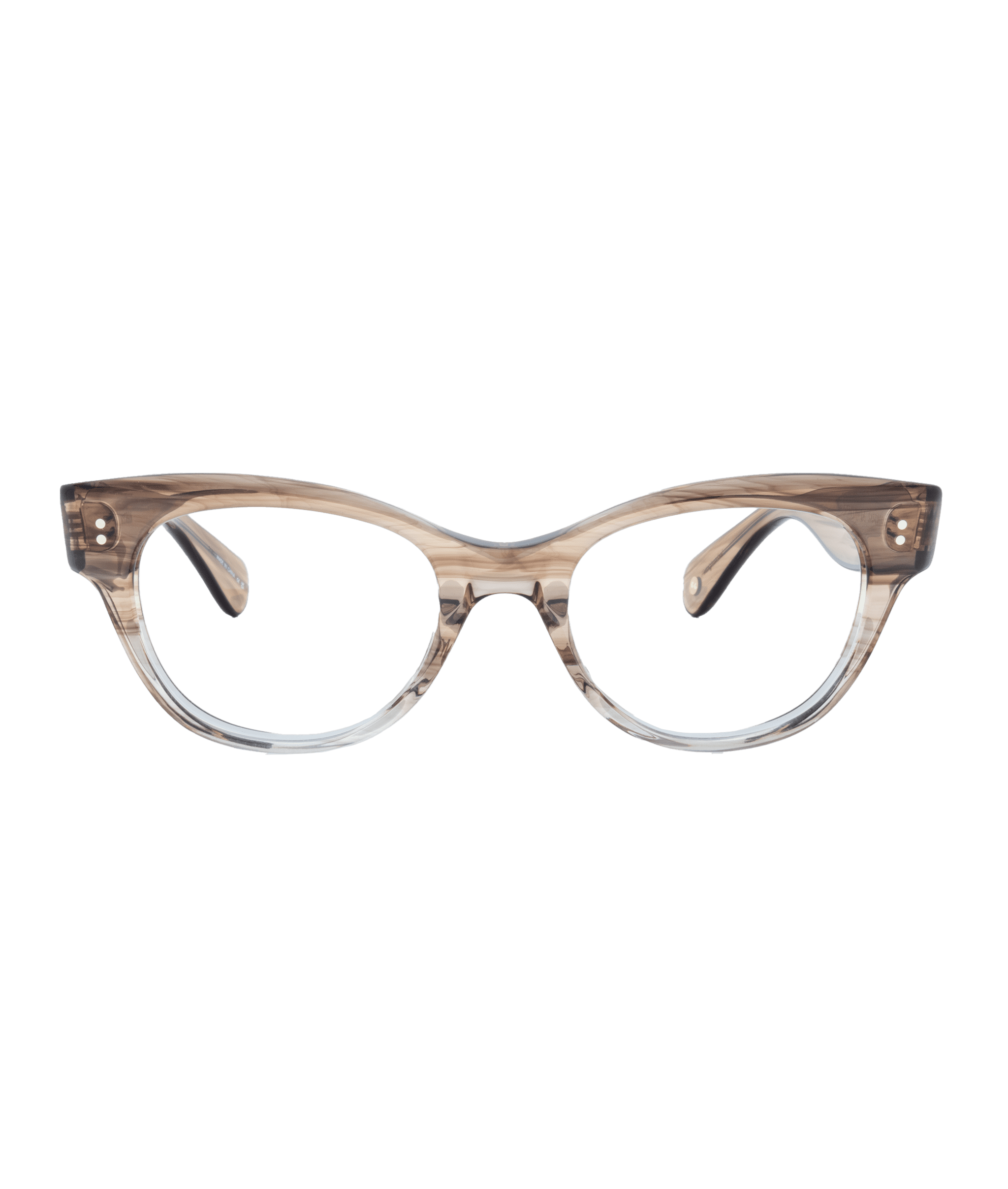 Cat-eye eyeglasses with semi-transparent, light brown and clear acetate frames, viewed from the front against a plain white background. Découvrez ces montures chez Vu, la lunetterie à Montréal avec le plus grand inventaire de montures.