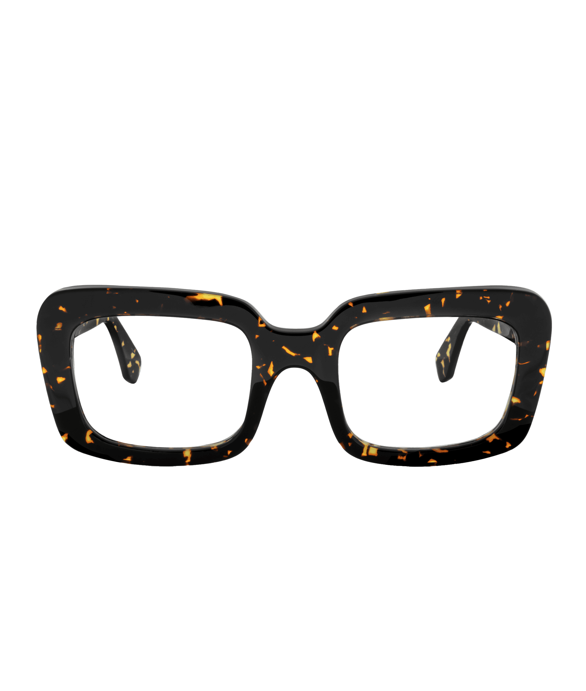 Rectangular eyeglasses with thick, dark frames featuring a tortoiseshell pattern of brown and amber spots, displayed on a white background. Découvrez ce modèle Vu dans le plus grand inventaire de montures à Montréal chez votre lunetterie à Montréal.