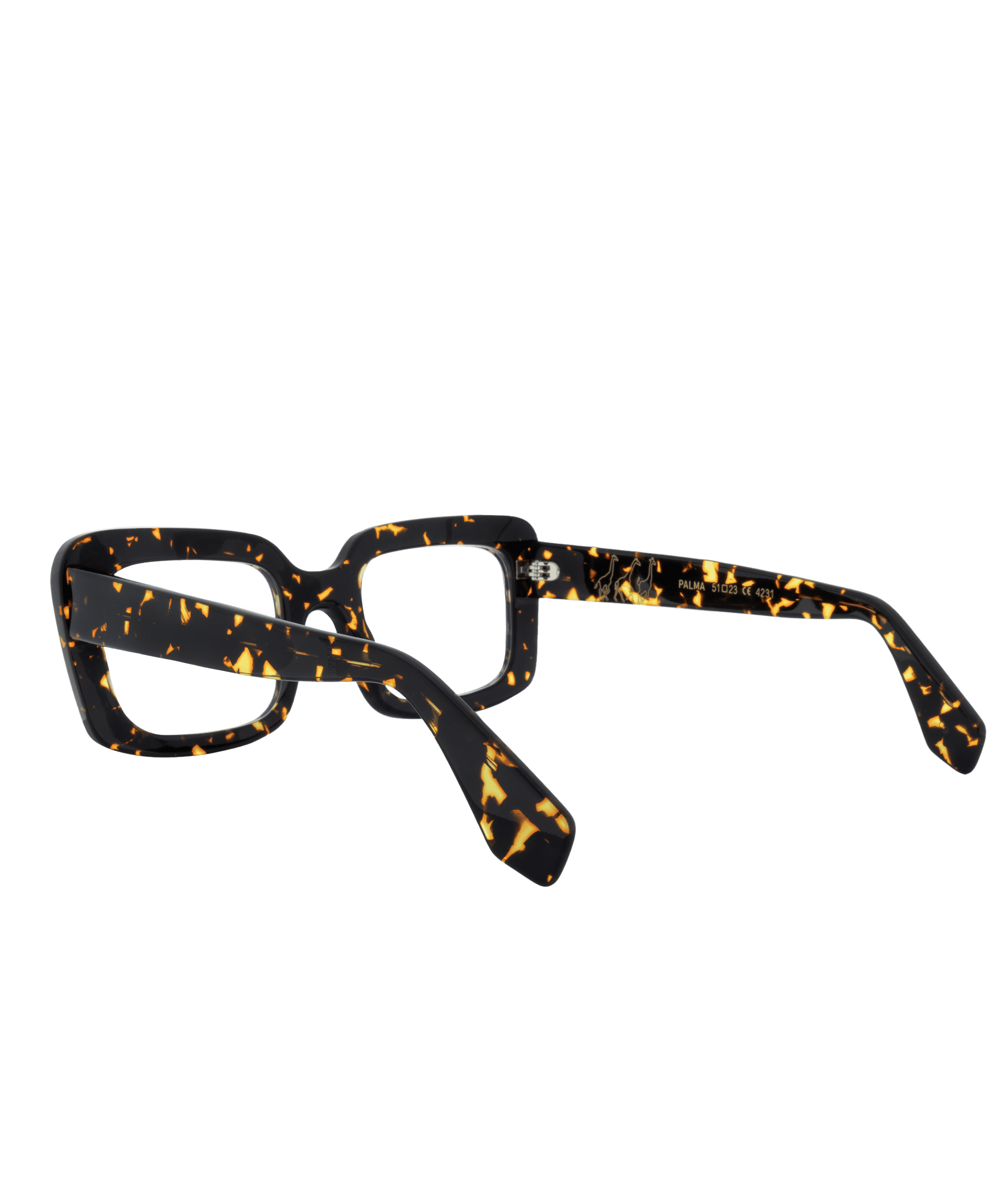 Rectangular tortoiseshell eyeglasses from Vu, featuring thick, glossy frames in a black and yellow mottled pattern, shown angled from the back with arms open—discover them at Le plus grand inventaire de montures à Montréal.
