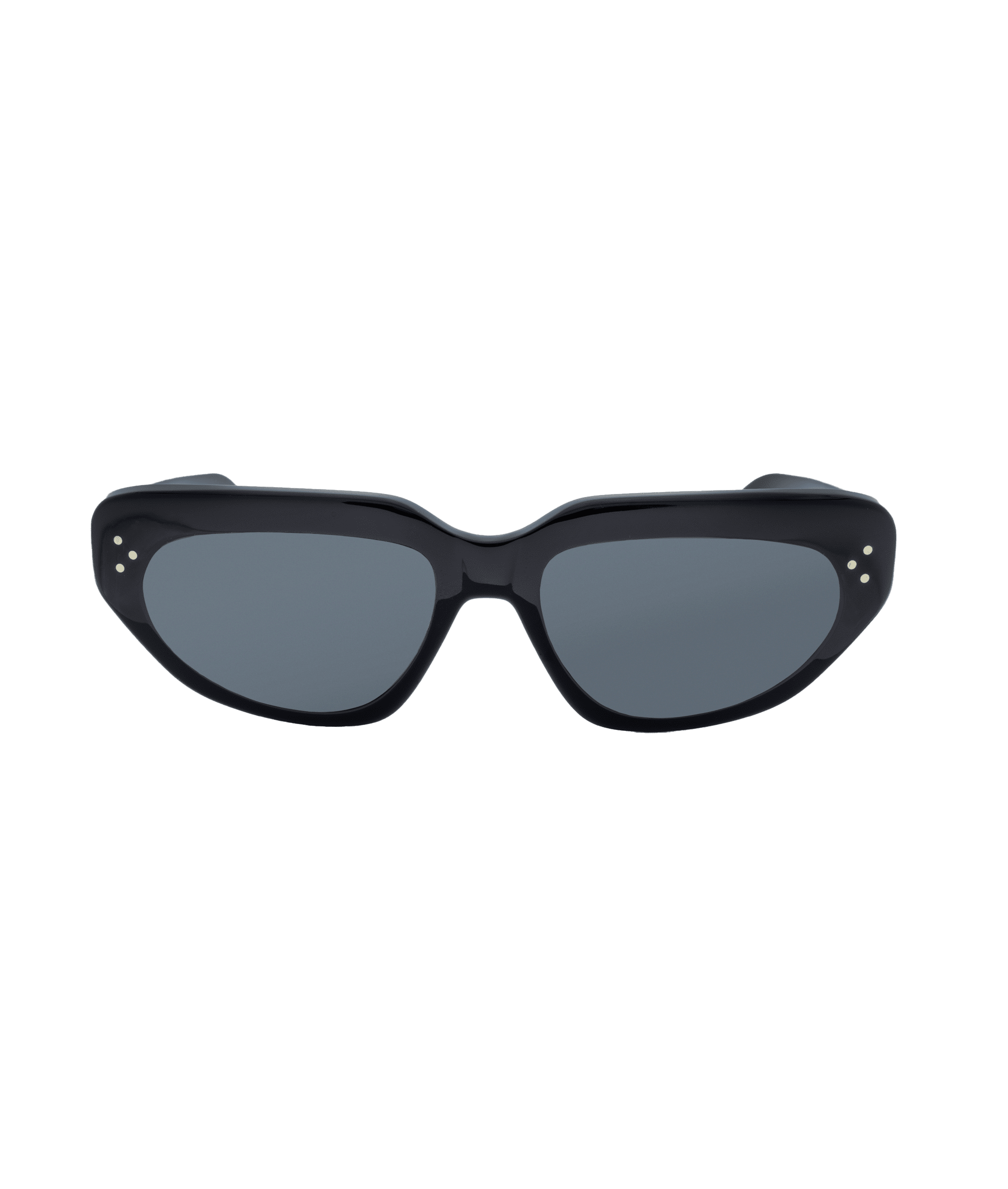 A pair of black, rectangular sunglasses with dark lenses and small silver accents on the upper corners of the frames, displayed on a plain white background—discover this style at Vu, la lunetterie à Montréal avec le plus grand inventaire de montures.