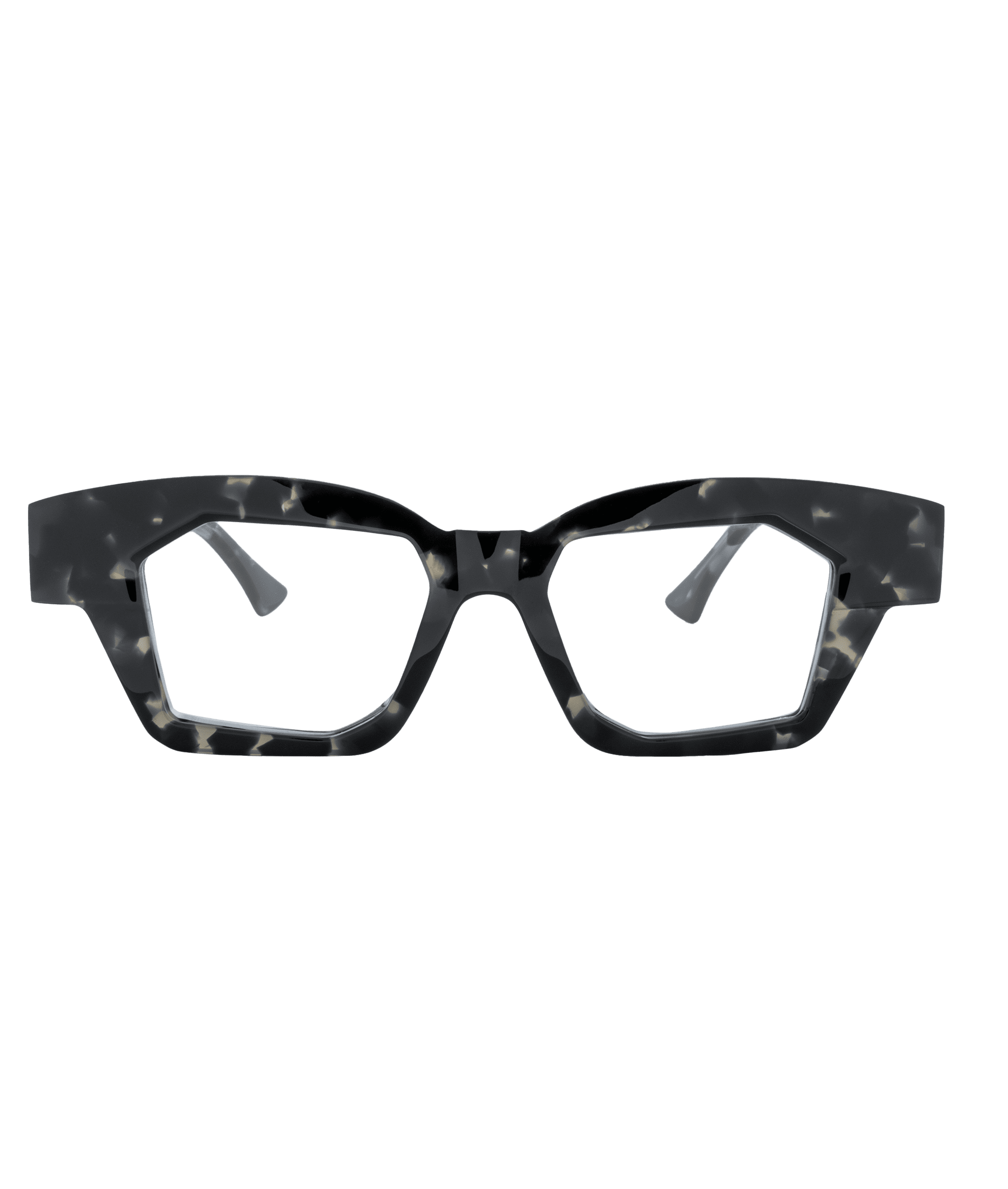Black and white speckled rectangular eyeglasses with thick, angular frames, available at Vu—lunetterie à Montréal, are shown against a plain white background.