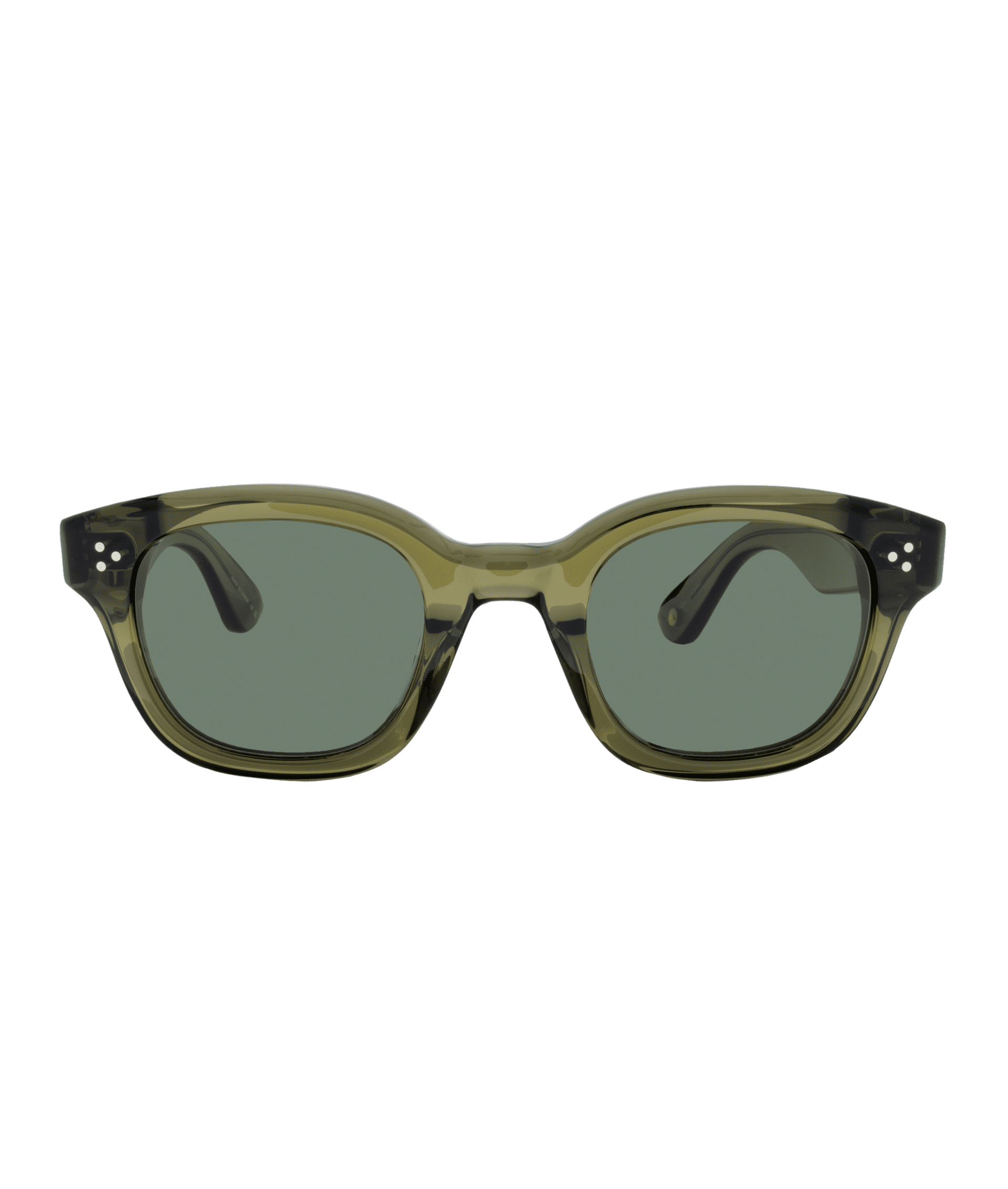 Olive green rectangular sunglasses with thick plastic frames and dark tinted lenses, viewed from the front against a plain white background. Vu propose le plus grand inventaire de montures à Montréal pour tous les styles.