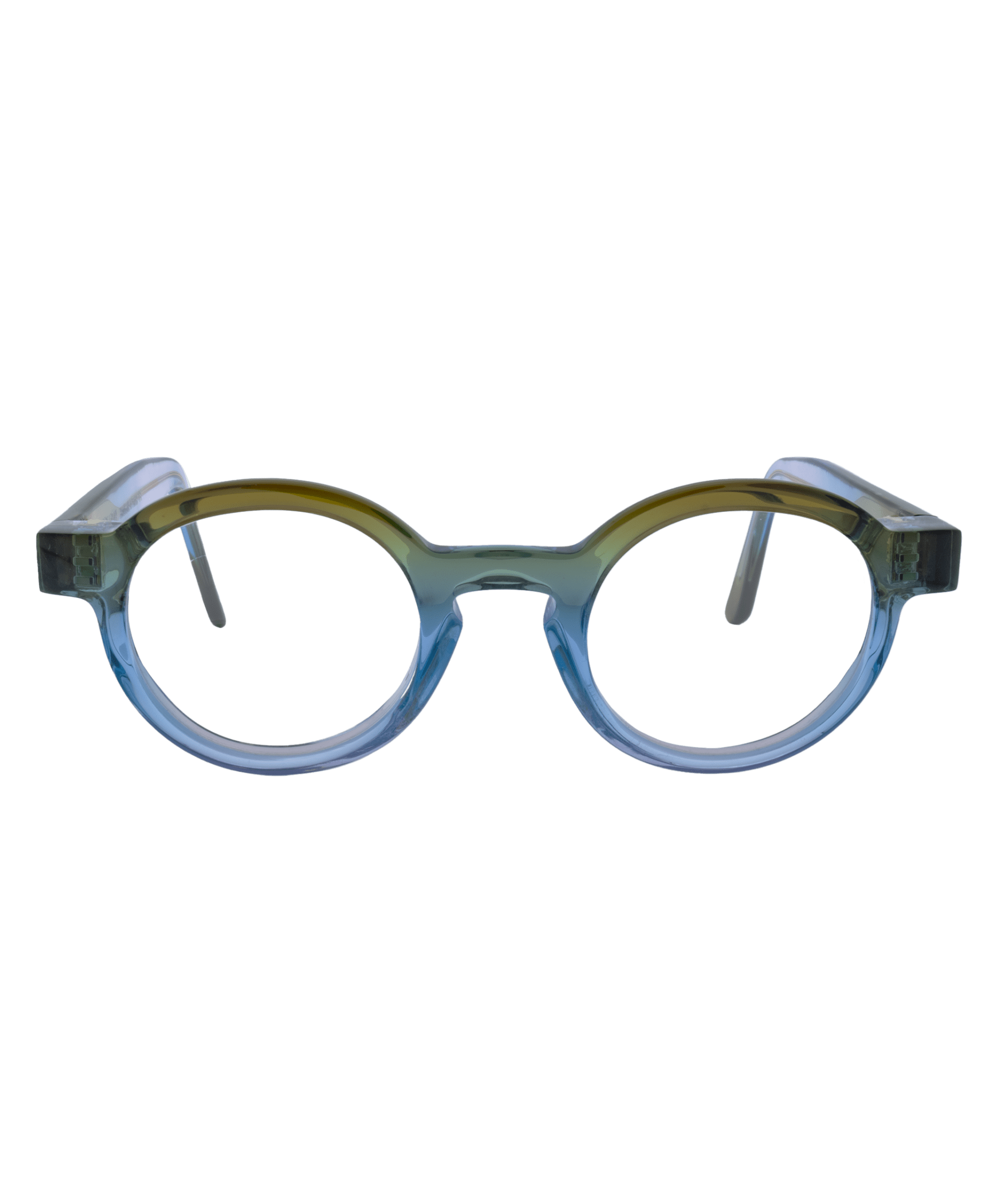 Round eyeglasses with thick blue and green translucent frames, viewed from the front against a plain white background. Découvrez le plus grand inventaire de montures à Montréal chez Vu, votre destination incontournable de lunetterie à Montréal.