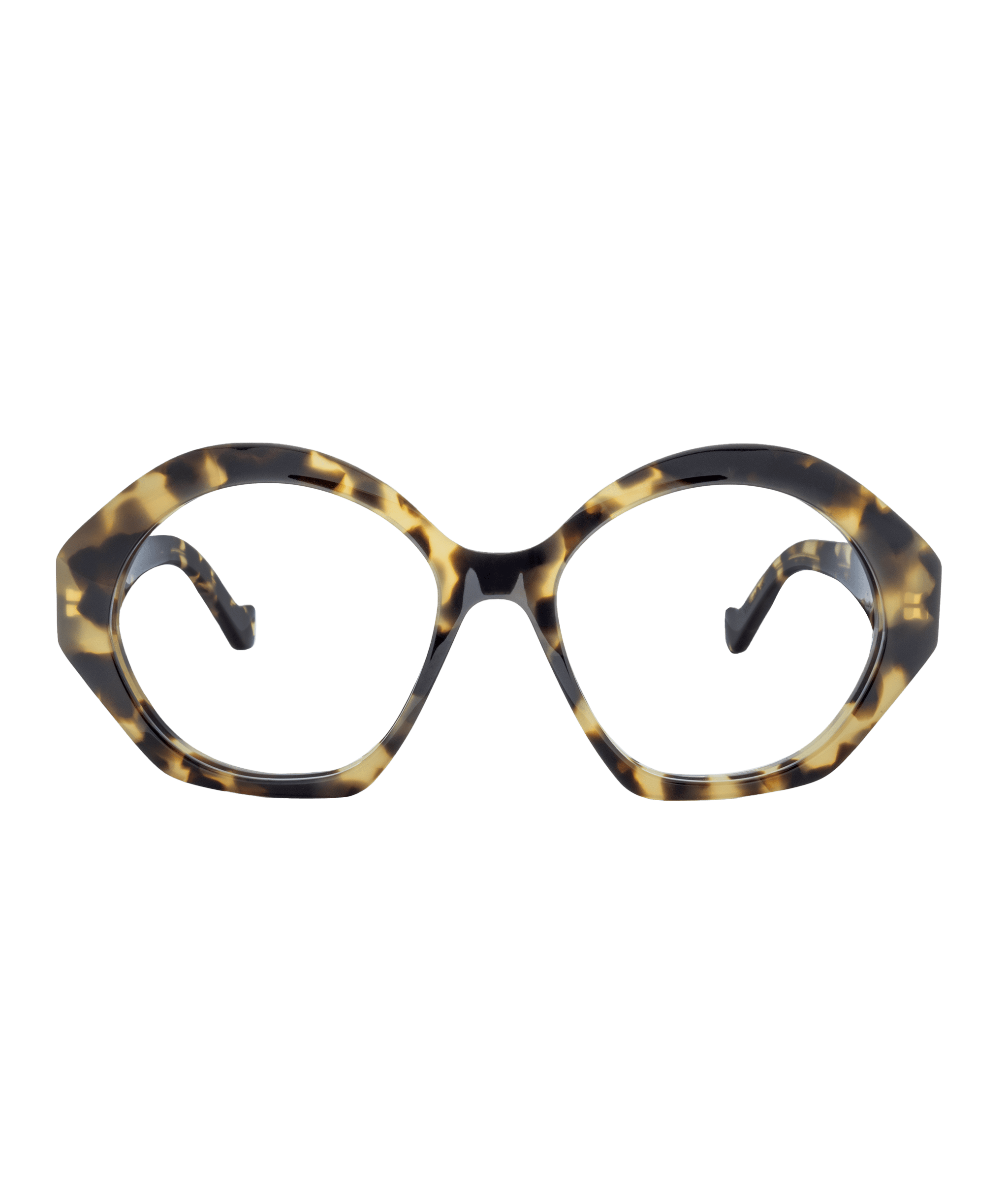 Tortoiseshell eyeglasses with thick, geometric frames and round lenses, shown against a white background—discover Vu, offrant le plus grand inventaire de montures à Montréal.