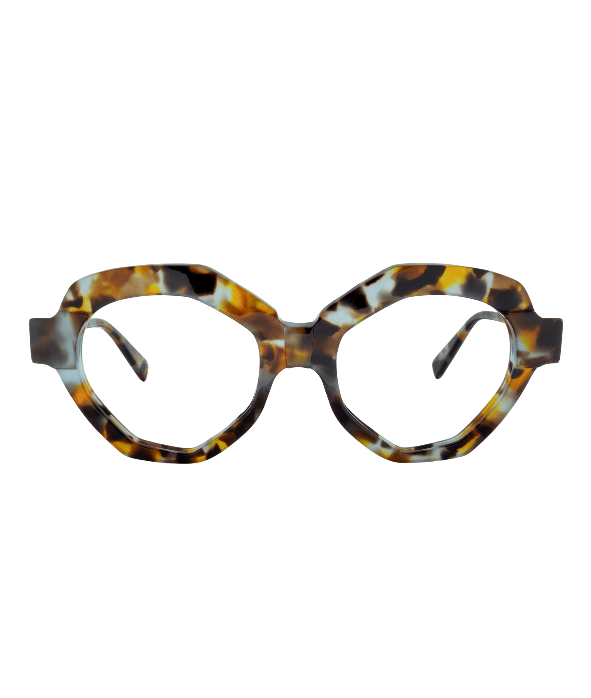 A pair of Vu eyeglasses with bold, geometric frames in a brown, black, and amber tortoiseshell pattern, displayed on a white background—perfect for those seeking lunetterie à Montréal.