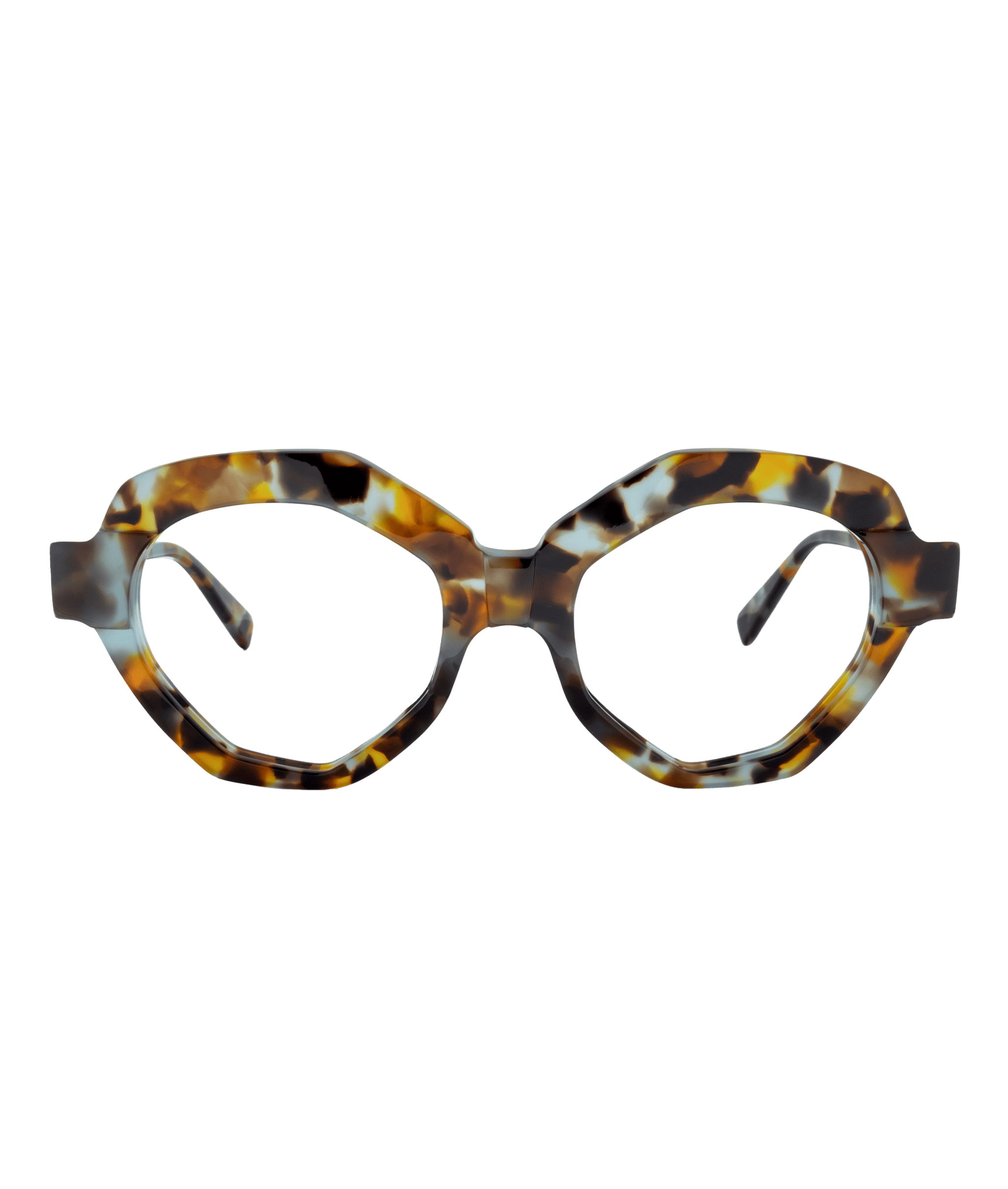 A pair of Vu eyeglasses with bold, geometric frames in a brown, black, and amber tortoiseshell pattern, displayed on a white background—perfect for those seeking lunetterie à Montréal.