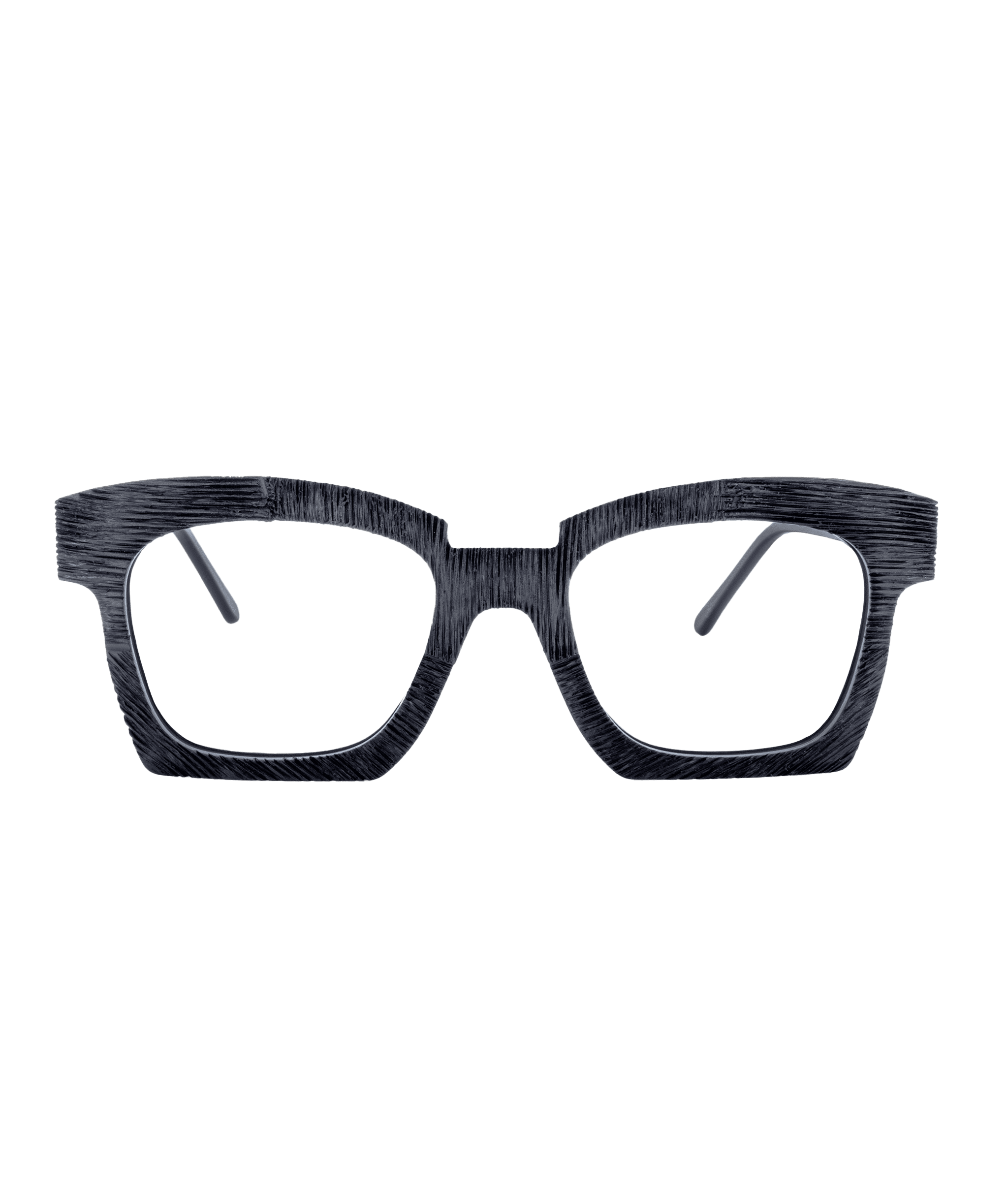 Rectangular eyeglass frames with a textured, dark gray finish, displayed on a plain light gray background—find this style and more chez Vu, la lunetterie à Montréal avec le plus grand inventaire de montures à Montréal.