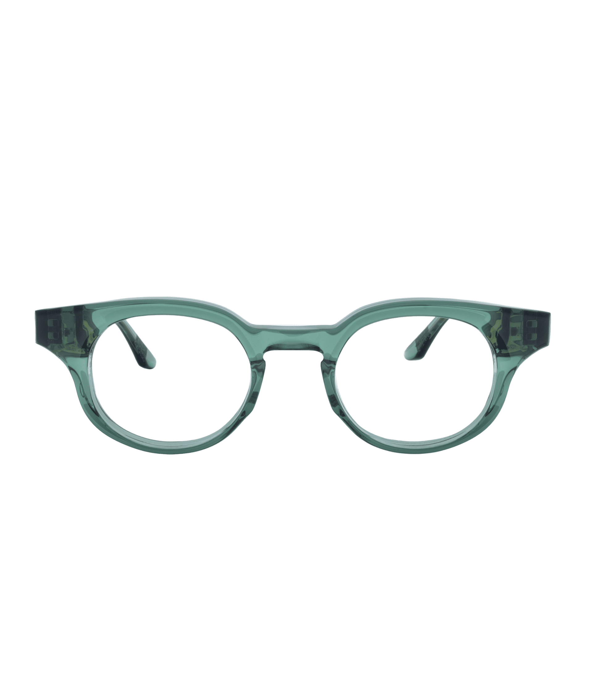 Translucent green eyeglasses with oval lenses and thick frames, shown from the front against a plain white background. Découvrez ce style chez Vu, la lunetterie à Montréal avec le plus grand inventaire de montures à Montréal.
