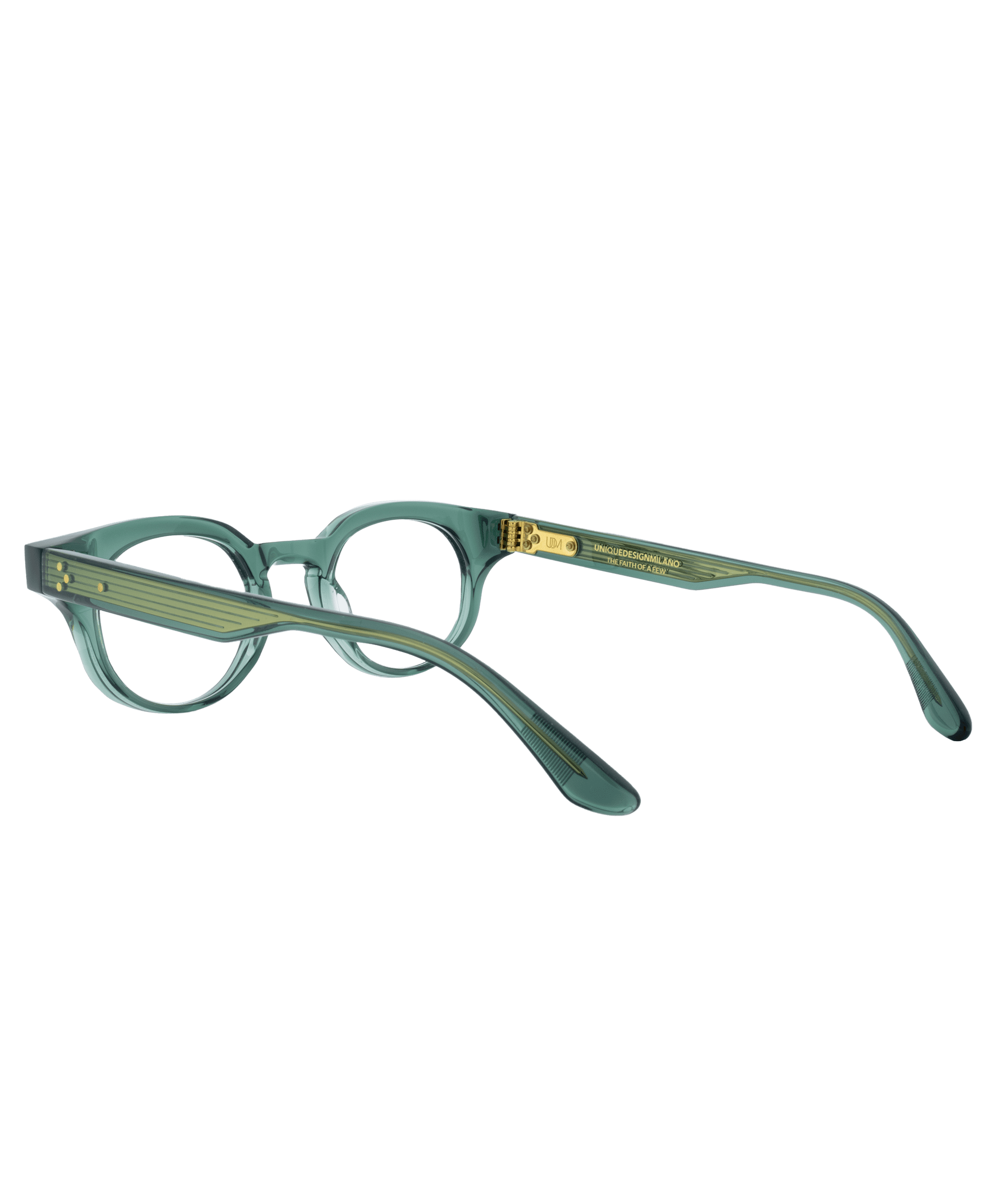 A pair of translucent green eyeglasses with round lenses and thick frames, shown from an angle highlighting the gold detailing on the inner arm—an elegant choice from Vu, la lunetterie à Montréal.