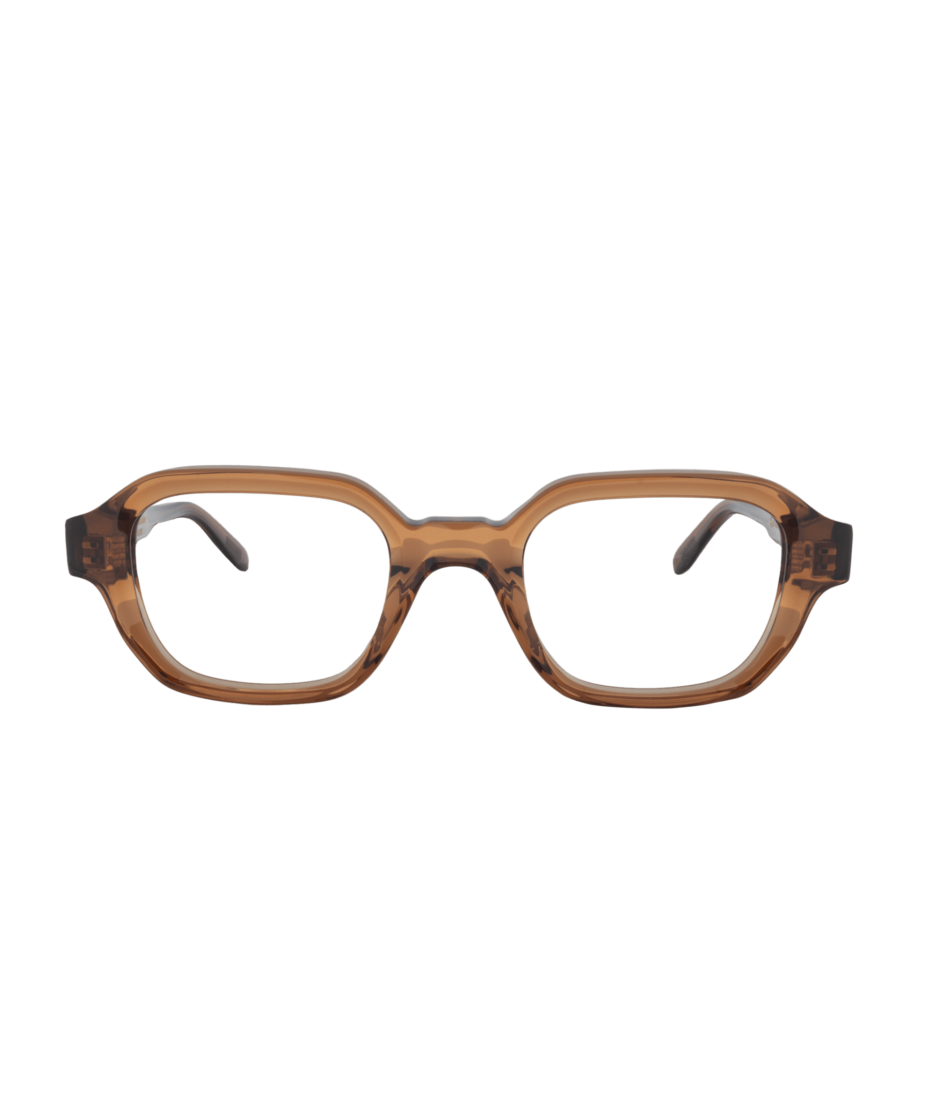 Brown, rectangular eyeglass frames with a thick, acetate design from Vu, lunetterie à Montréal—offering le plus grand inventaire de montures à Montréal—viewed from the front against a plain white background.