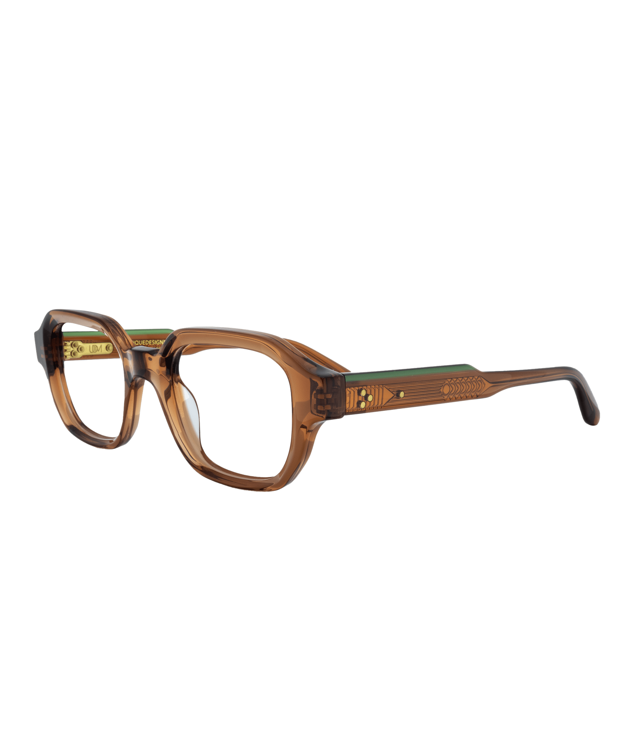 Brown rectangular eyeglasses with thick, translucent frames and green detailing on the arms, viewed from a front-side angle against a plain white background. Découvrez-les chez Vu, la lunetterie à Montréal avec le plus grand inventaire de montures.