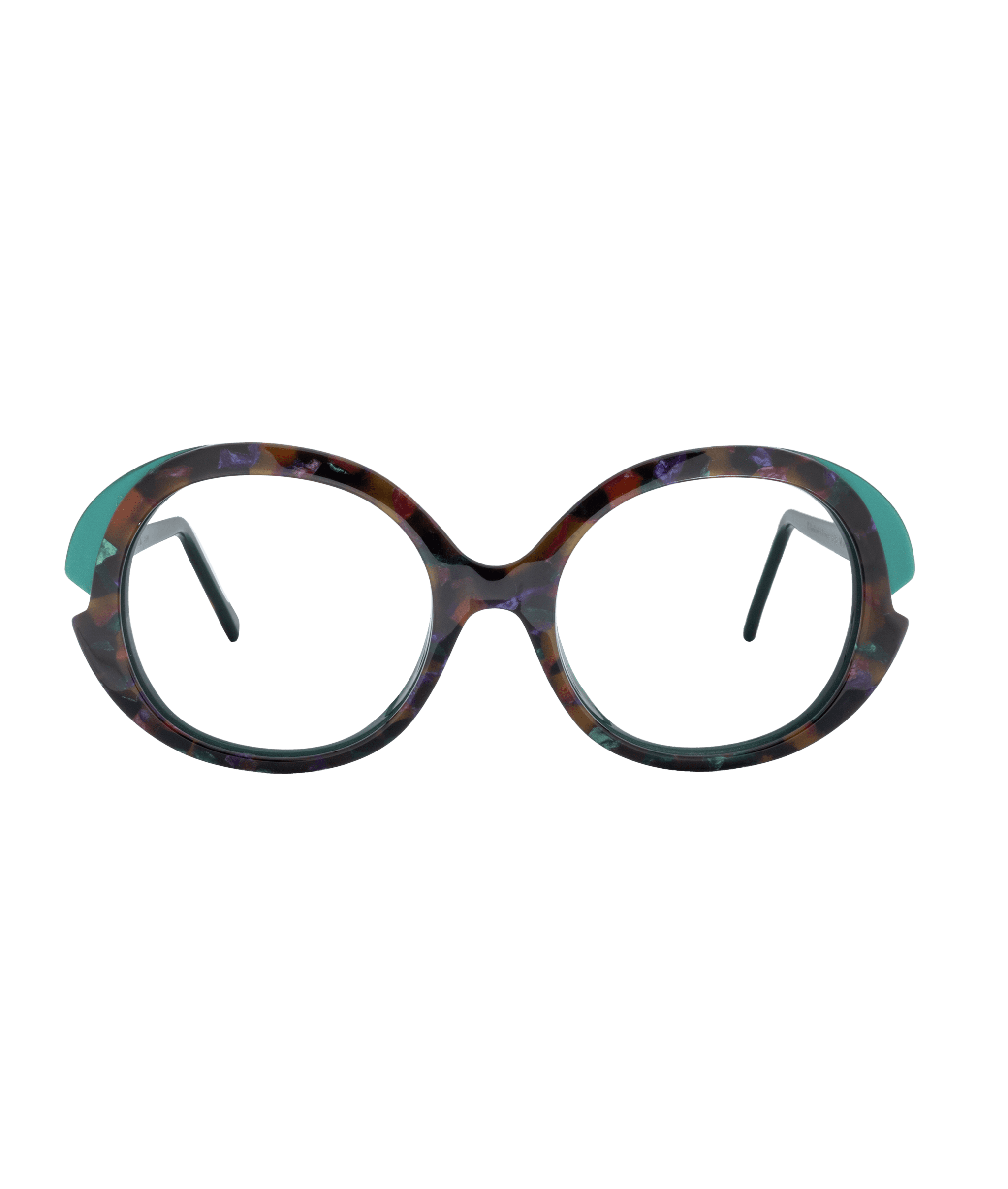 Round eyeglasses with a multicolored, marbled frame and teal accents at the upper corners, shown on a white background. Découvrez-les chez Vu, la lunetterie à Montréal avec le plus grand inventaire de montures.