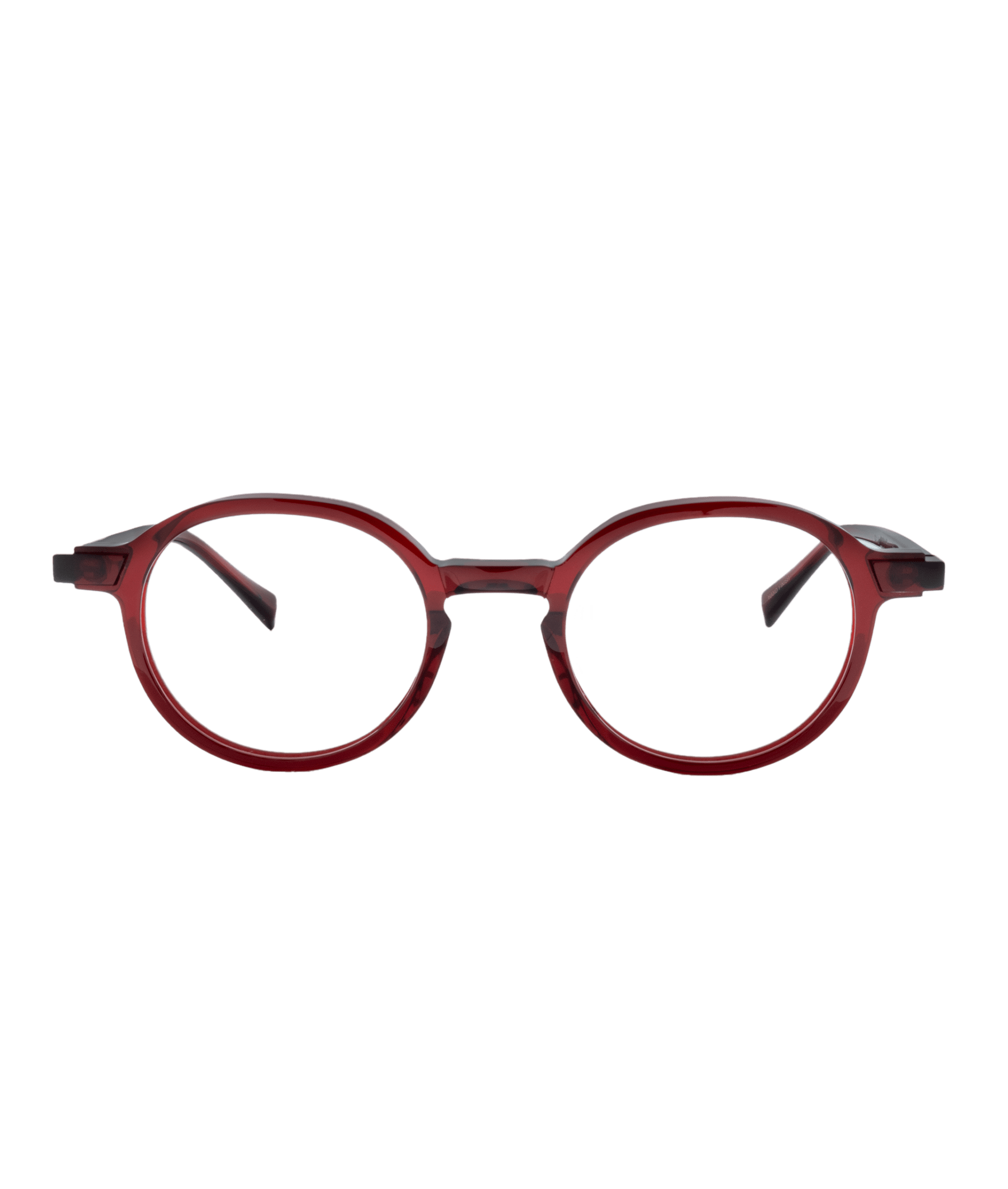 A pair of HATANAWAY round dark red eyeglasses with clear lenses from Vu lunetterie à Montréal, displayed on a plain white background.