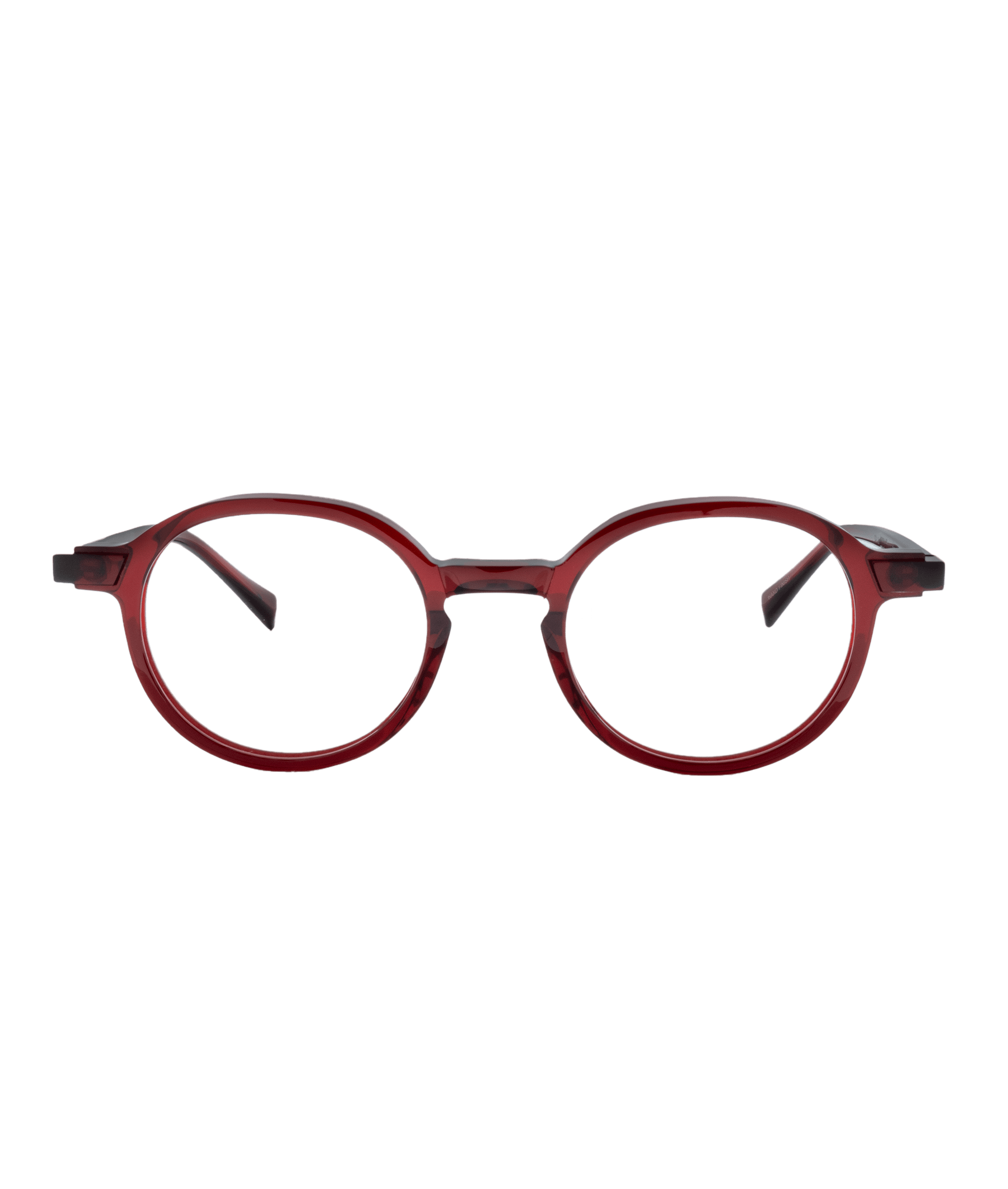 A pair of HATANAWAY round dark red eyeglasses with clear lenses from Vu lunetterie à Montréal, displayed on a plain white background.