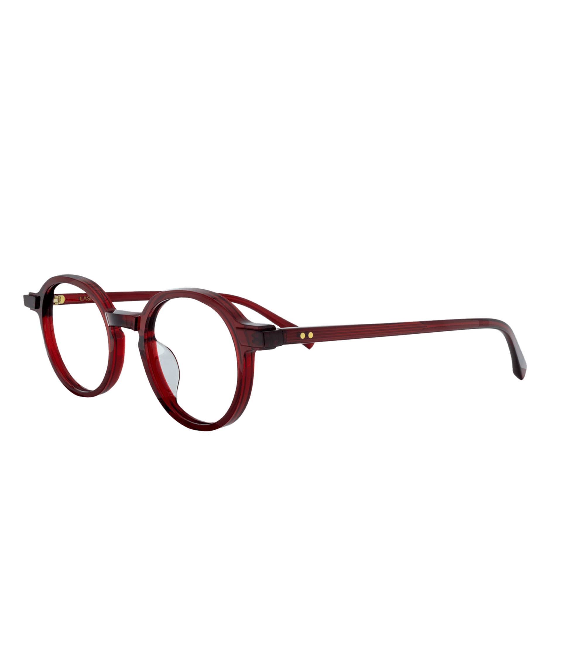 This bold round frame stands out with its vibrant red color, subtly translucent. The delicate transparency of the material adds a modern and light touch to the design, while maintaining a vintage spirit.