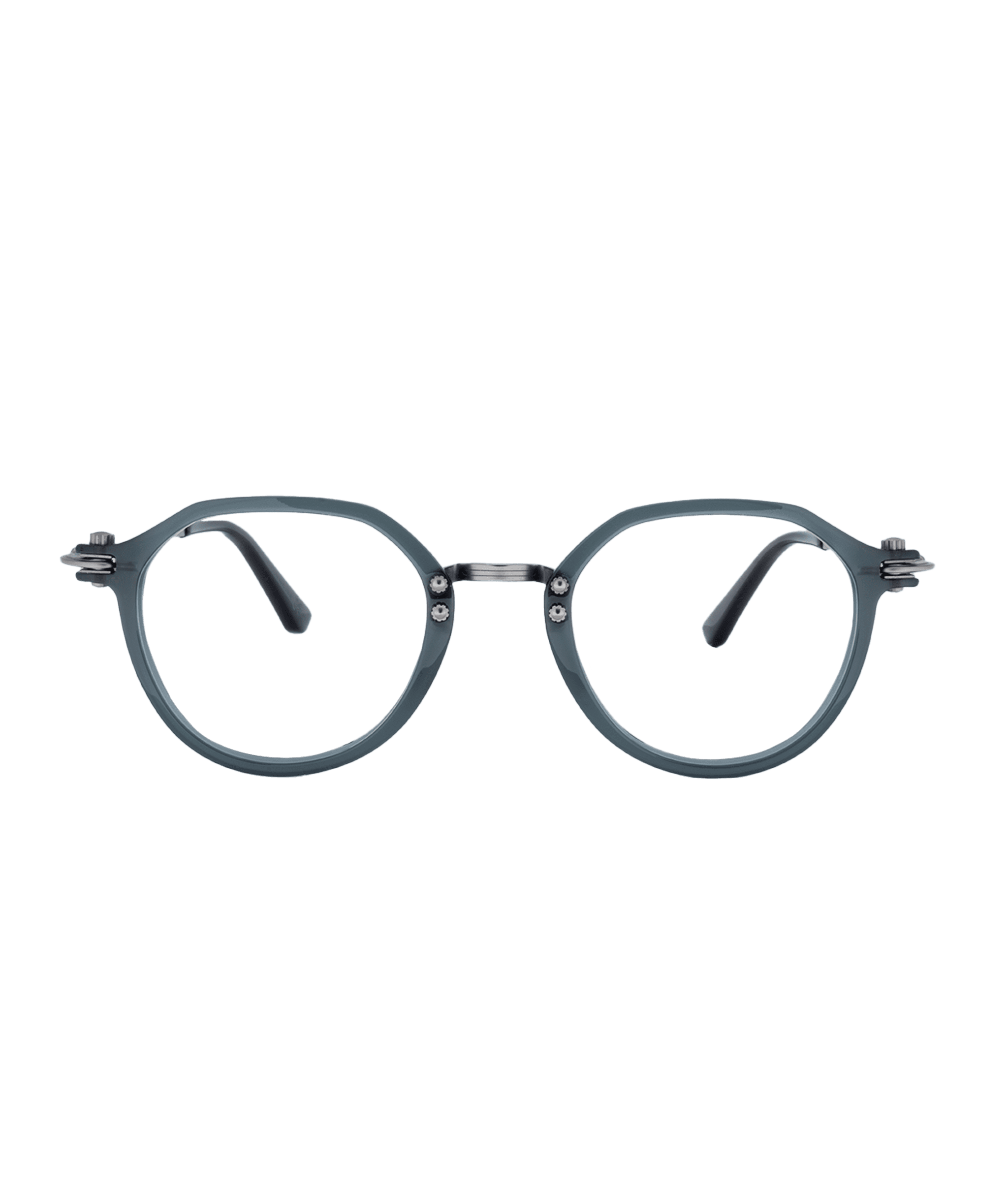 SC054 round eyeglasses with dark teal plastic frames and a silver metal bridge from Vu lunetterie à Montréal, offering the plus grand inventaire de montures à Montréal. Shown on a plain white background.