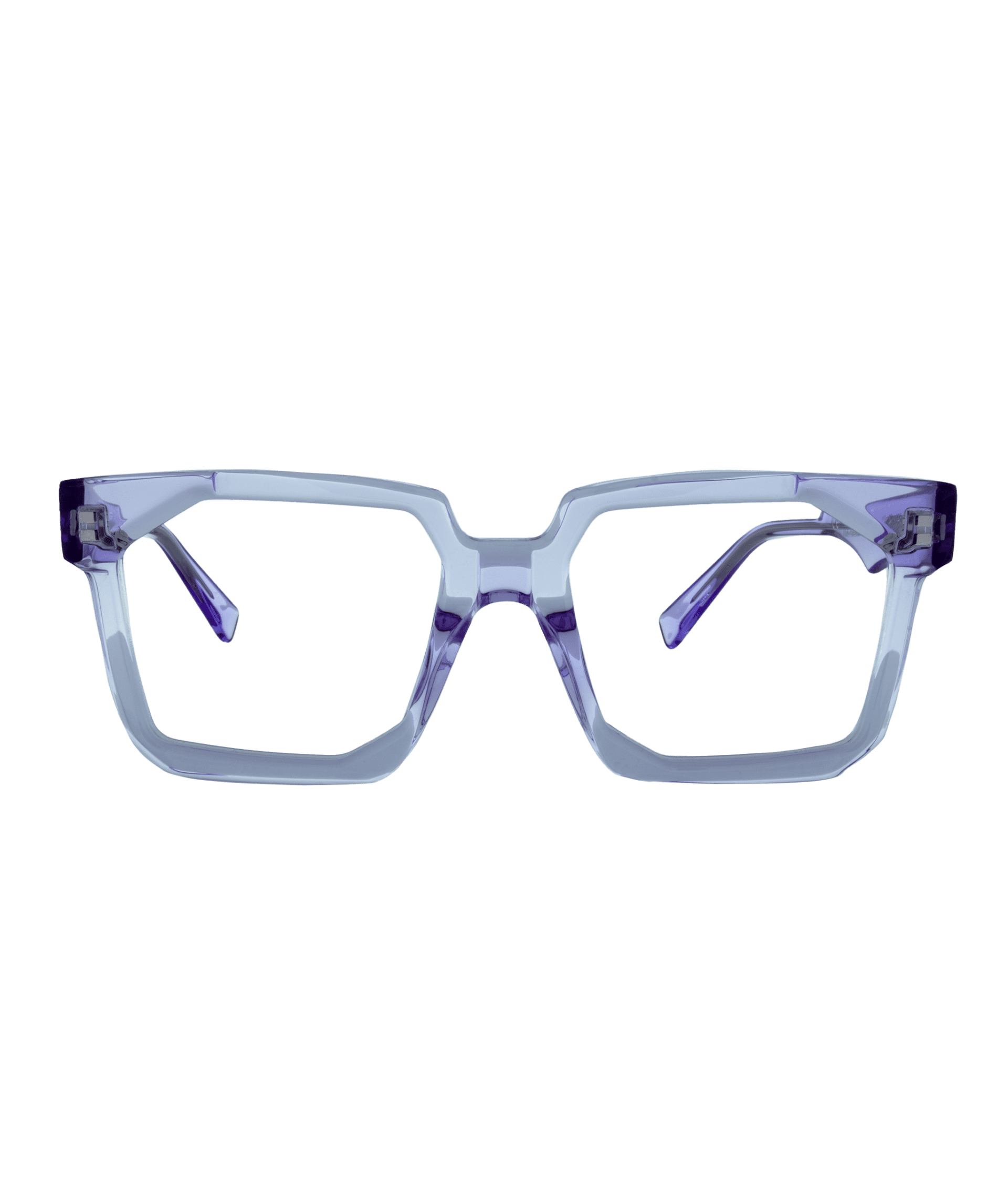 Vu’s 1154: Transparent rectangular eyeglasses with a light purple tint, thick rims, and wide arms—le plus grand inventaire de montures à Montréal—shown on a plain white background.