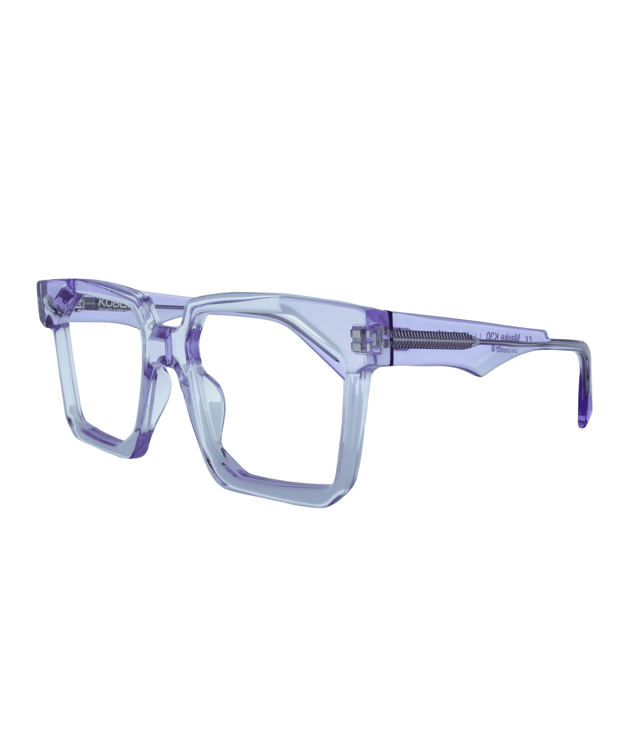 The 1154 features clear, angular eyeglass frames in translucent light purple acetate with thick rims and a modern geometric design. Available at Vu, lunetterie à Montréal, known for the largest selection of frames in Montréal. Shown on a white background.