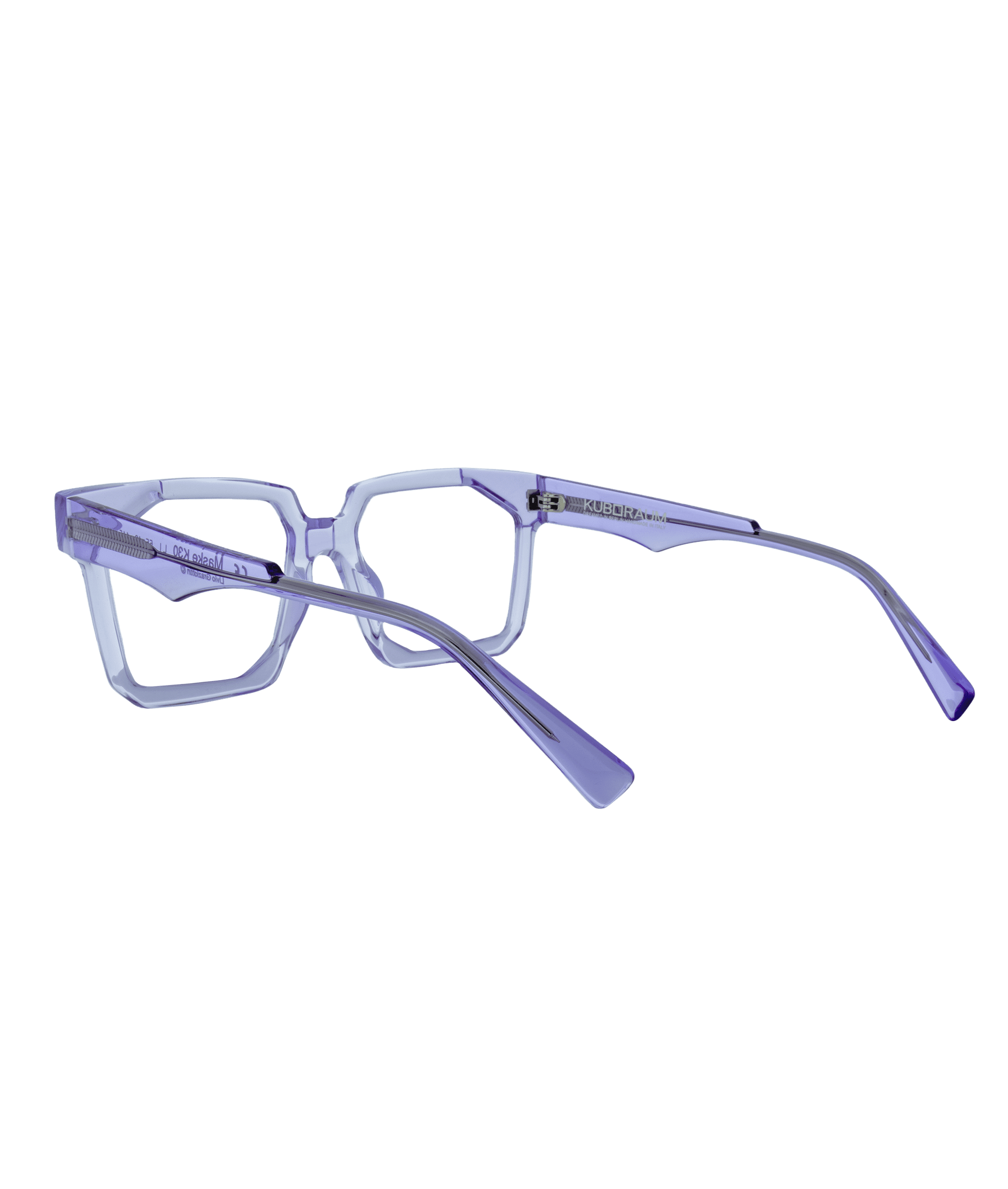 Translucent purple geometric eyeglasses, model 1154, with wide arms shown from a rear side angle. Explore this distinctive style at Vu, réputé pour le plus grand inventaire de montures à Montréal.