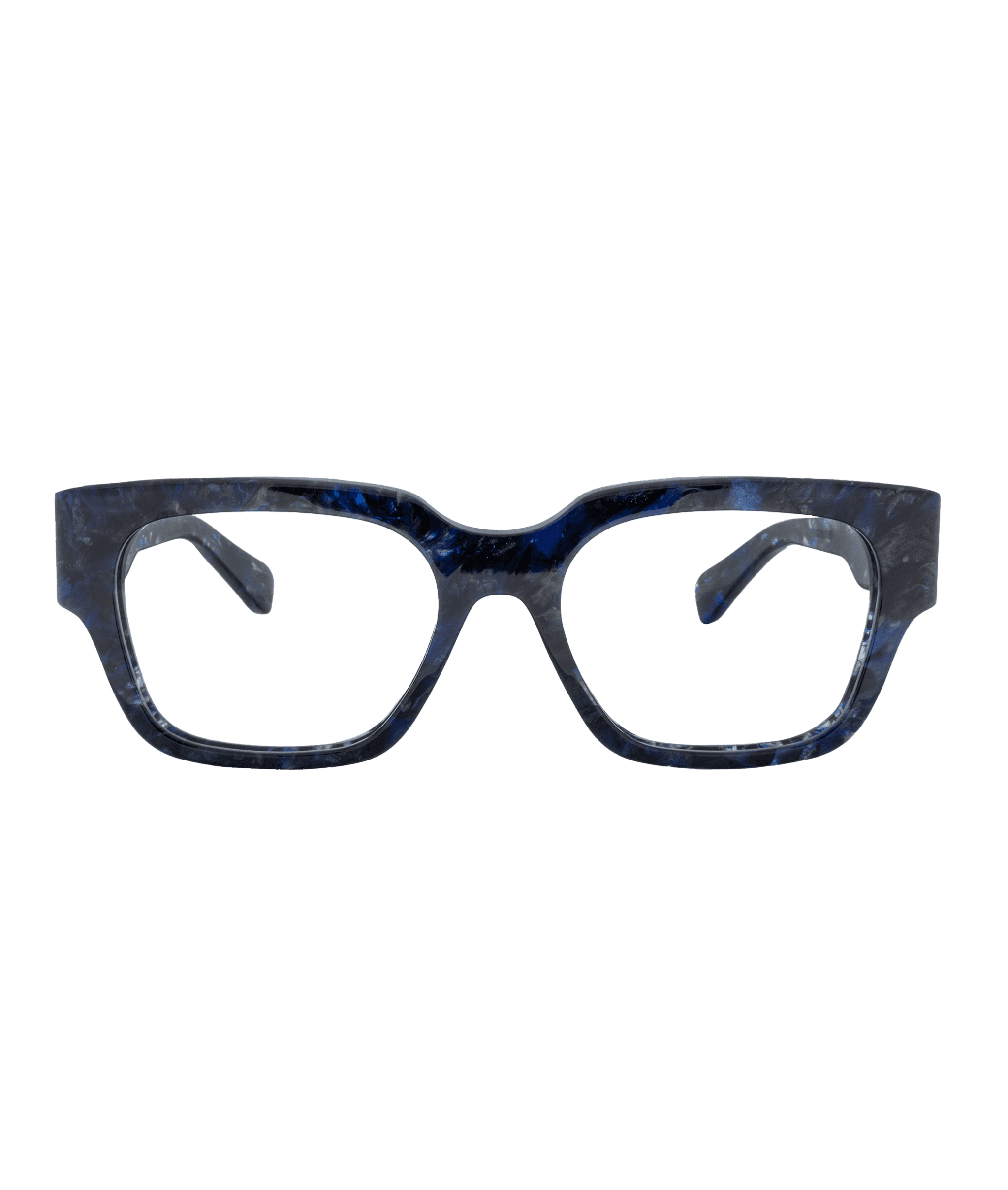 The 1154 is a pair of rectangular eyeglasses with thick, dark blue marbled frames from Vu, part of Montréal’s largest eyewear collection, shown facing forward on a plain white background.