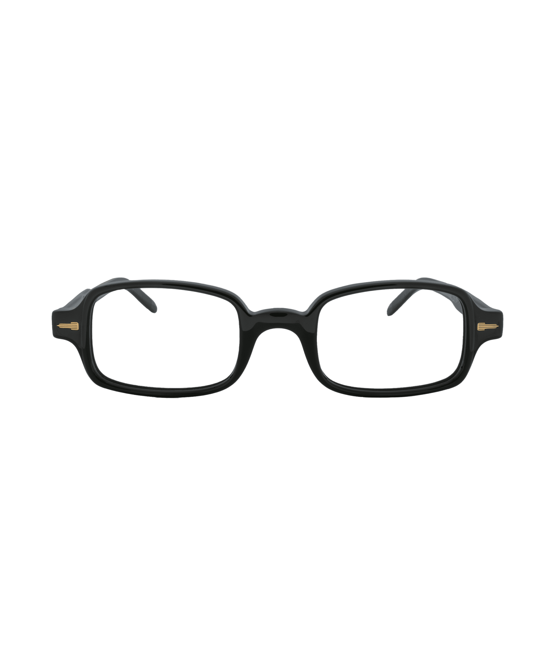 Discover the 1154: rectangular black-rimmed eyeglasses with thick frames and gold accents by the hinges, showcased on a white background—available at Vu, le plus grand inventaire de montures à Montréal.