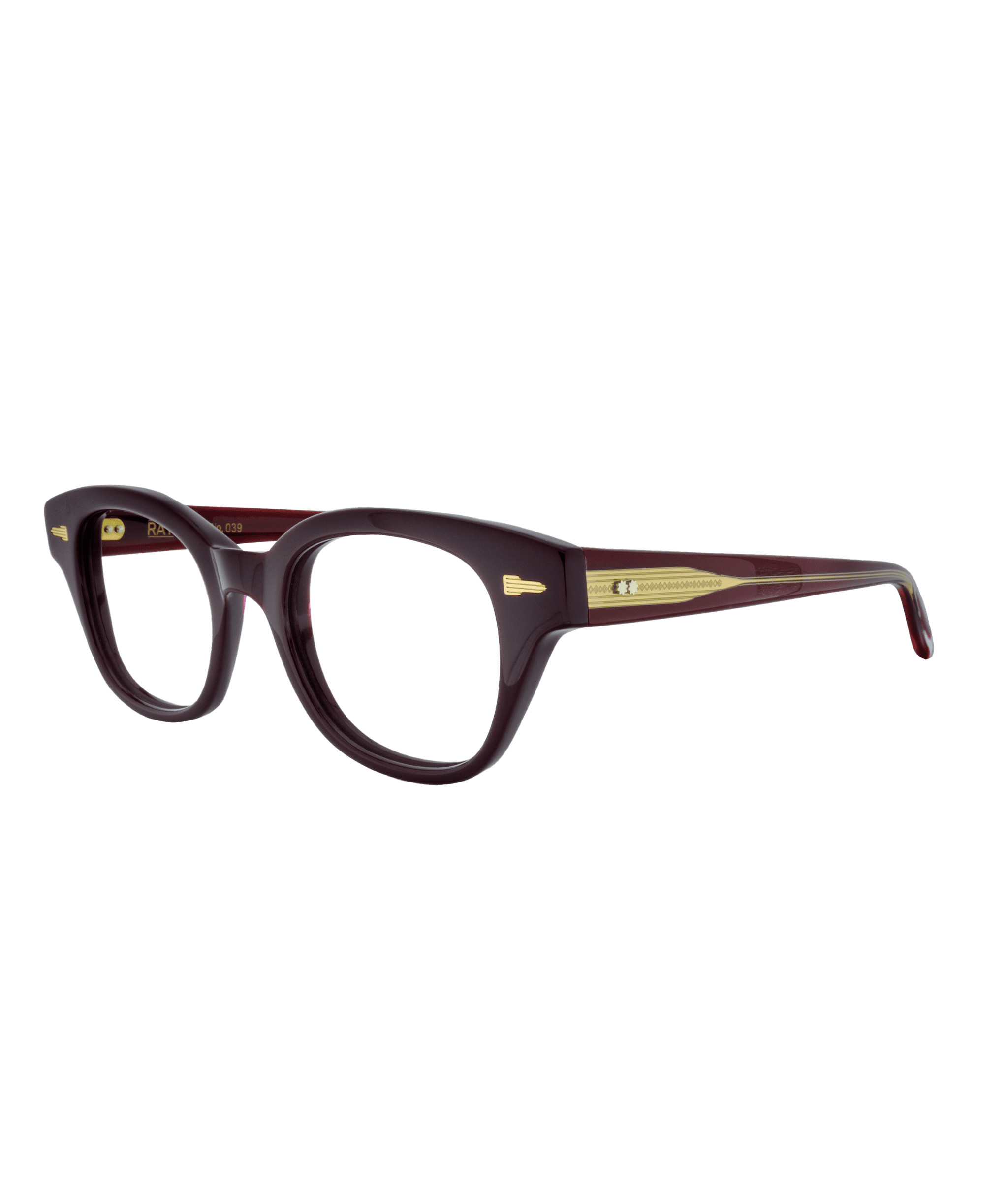 Discover style 1154: dark burgundy cat-eye eyeglasses with thick frames and gold-accented temples, displayed on a white background—available at Vu, le plus grand inventaire de montures à Montréal.