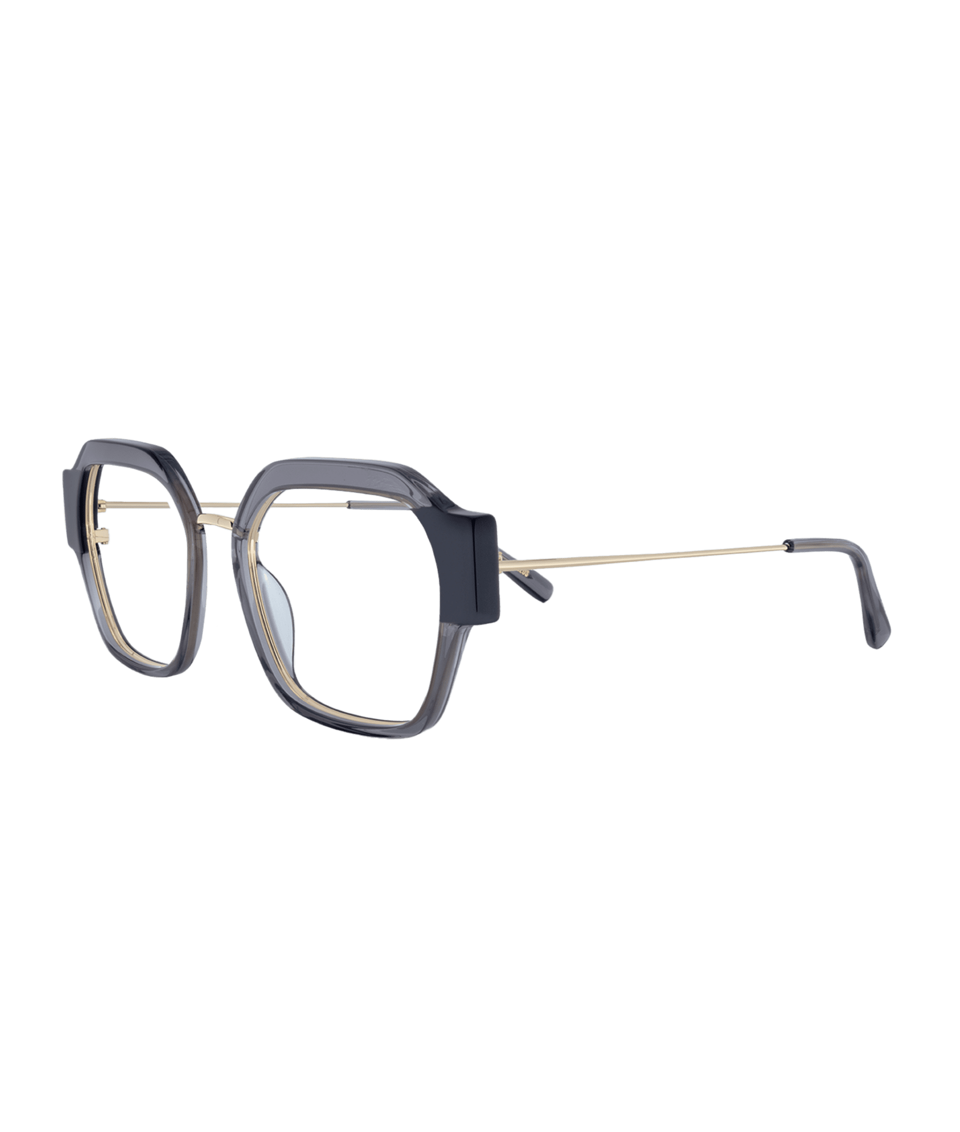 Slightly oversized square optical glasses with a contrasting end piece. Transparent dark grey acetate front with opaque grey laminate, and golden stainless steel bridge and temples.