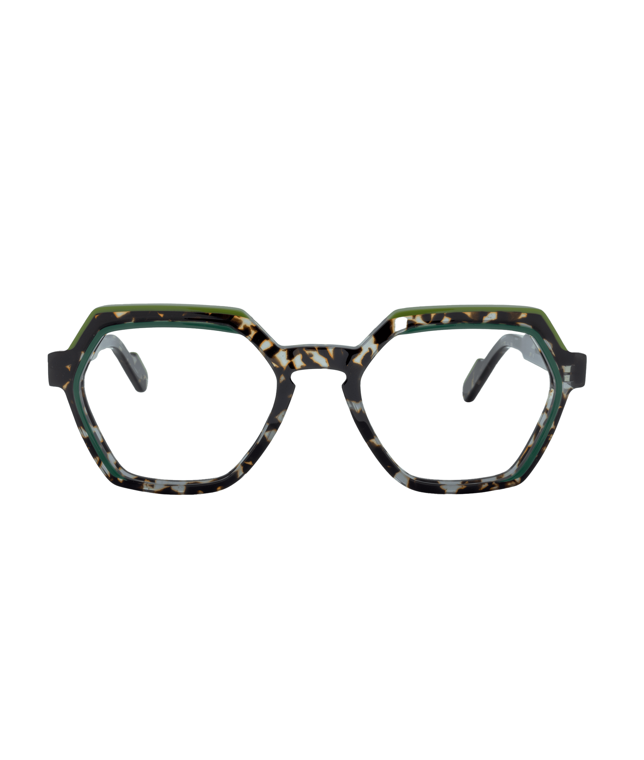 Front view of 1154 geometric eyeglasses with thick, multi-colored tortoiseshell frames and clear lenses, featuring bold green accents—discover this style at le plus grand inventaire de montures à Montréal.