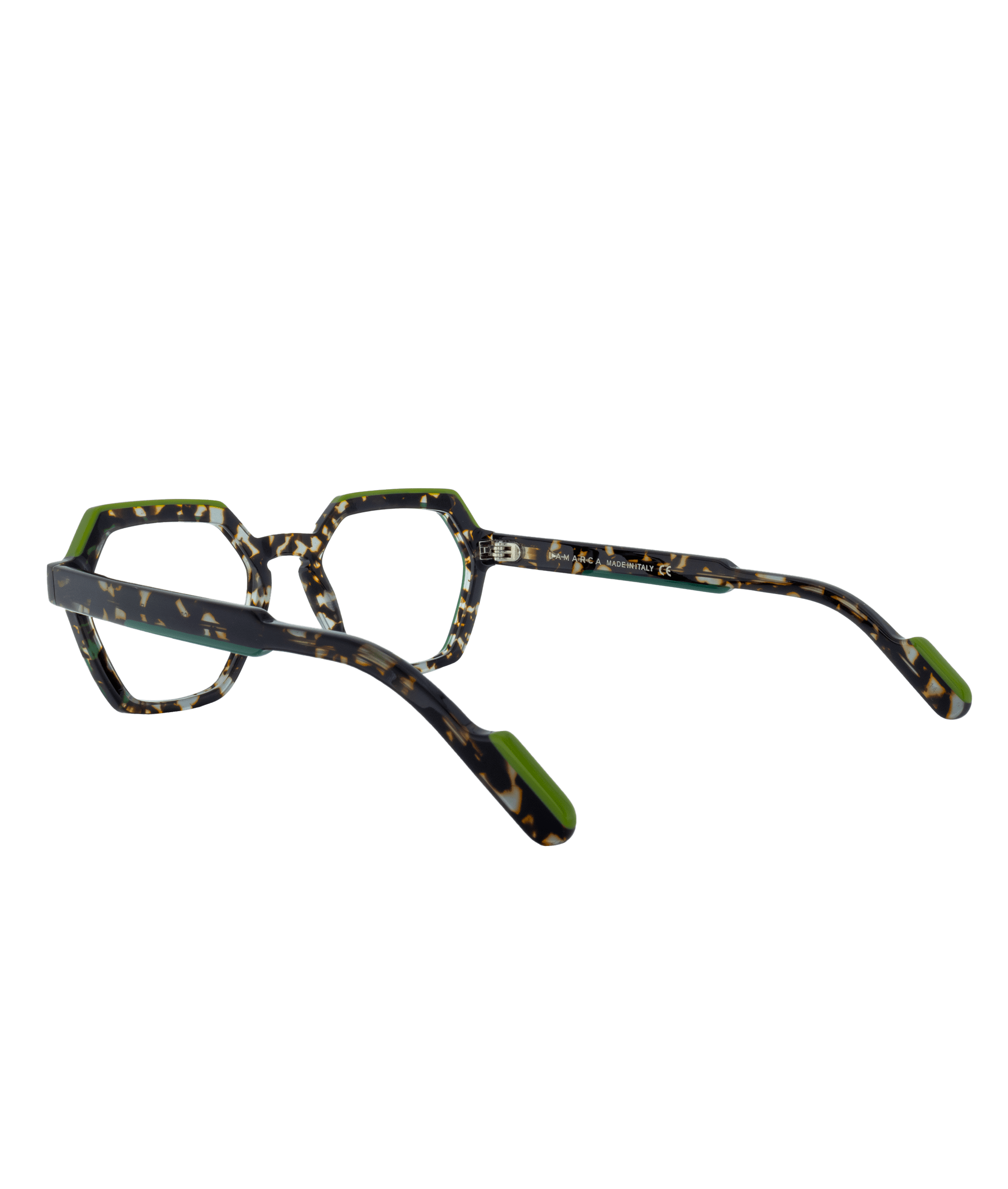 Geometric Vu eyeglasses, model 1154, feature tortoiseshell frames with green accents on the inner rims and temple tips, shown from the back right against a white background. Découvrez le plus grand inventaire de montures à Montréal.