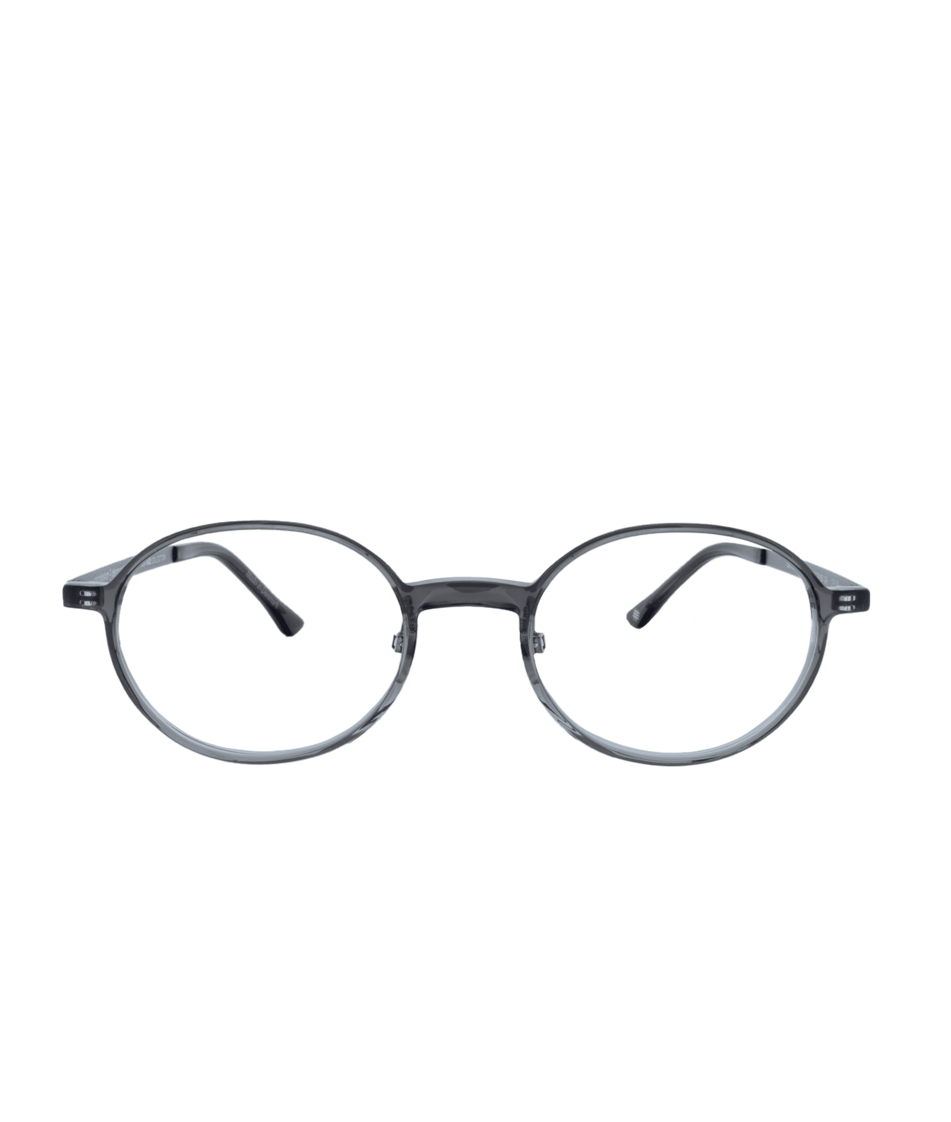 Round, transparent gray eyeglasses with thin frames and black temple tips by Vu, featuring le plus grand inventaire de montures à Montréal, displayed on a plain white background.