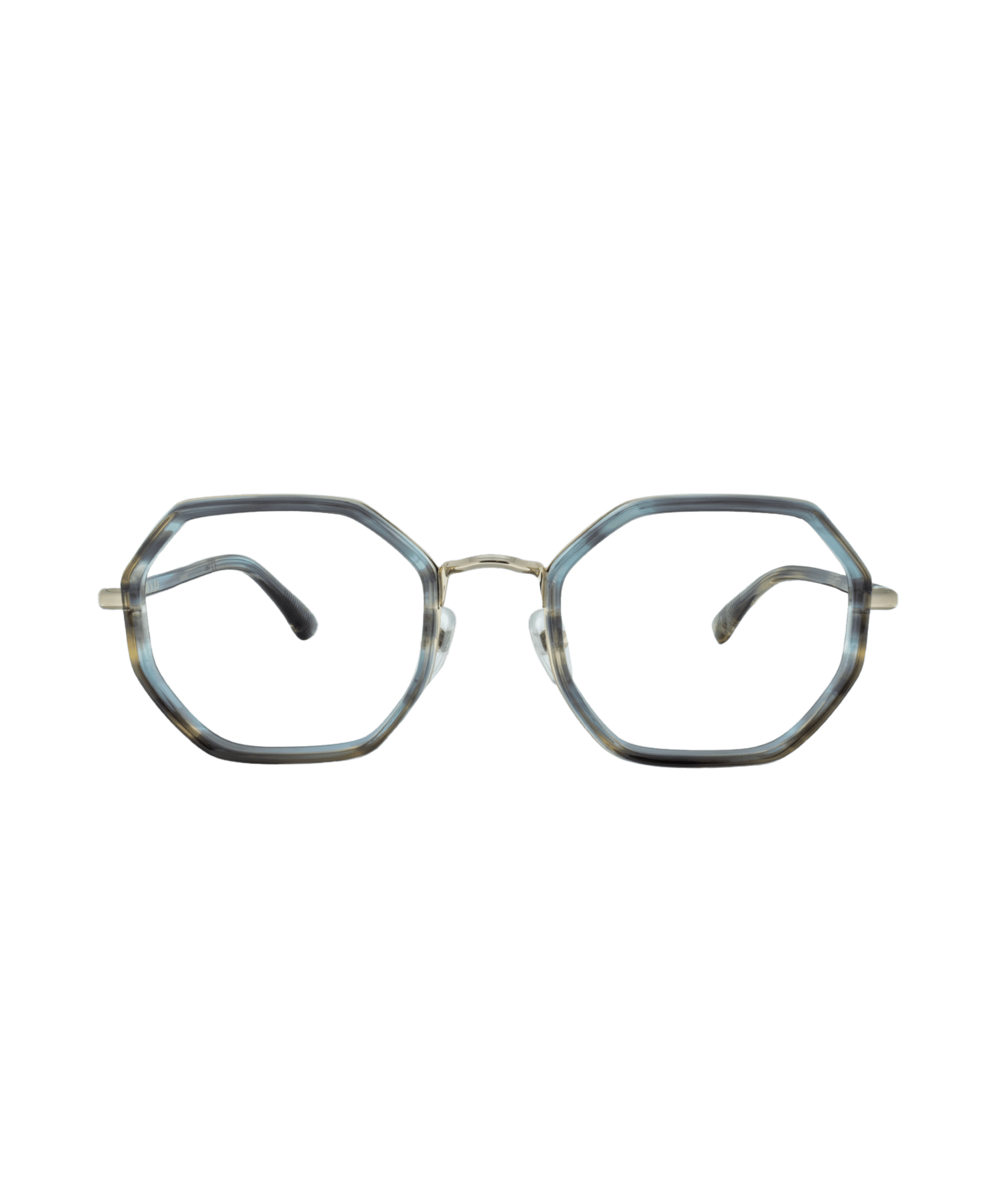 Discover the LYANNA 01 eyeglasses: geometric octagonal gray-blue frames with thin metal arms, displayed on a white background—available at Vu, home to Montréal’s largest selection of frames.