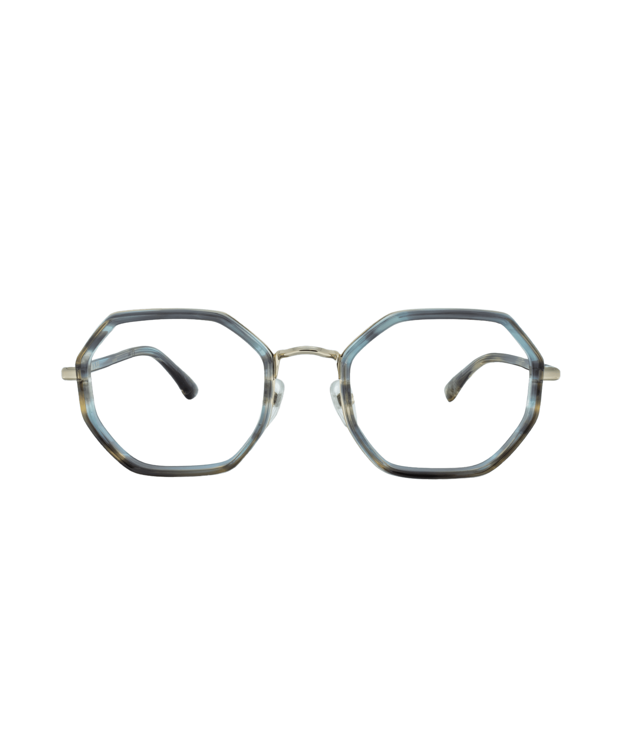 Discover the LYANNA 01 eyeglasses: geometric octagonal gray-blue frames with thin metal arms, displayed on a white background—available at Vu, home to Montréal’s largest selection of frames.