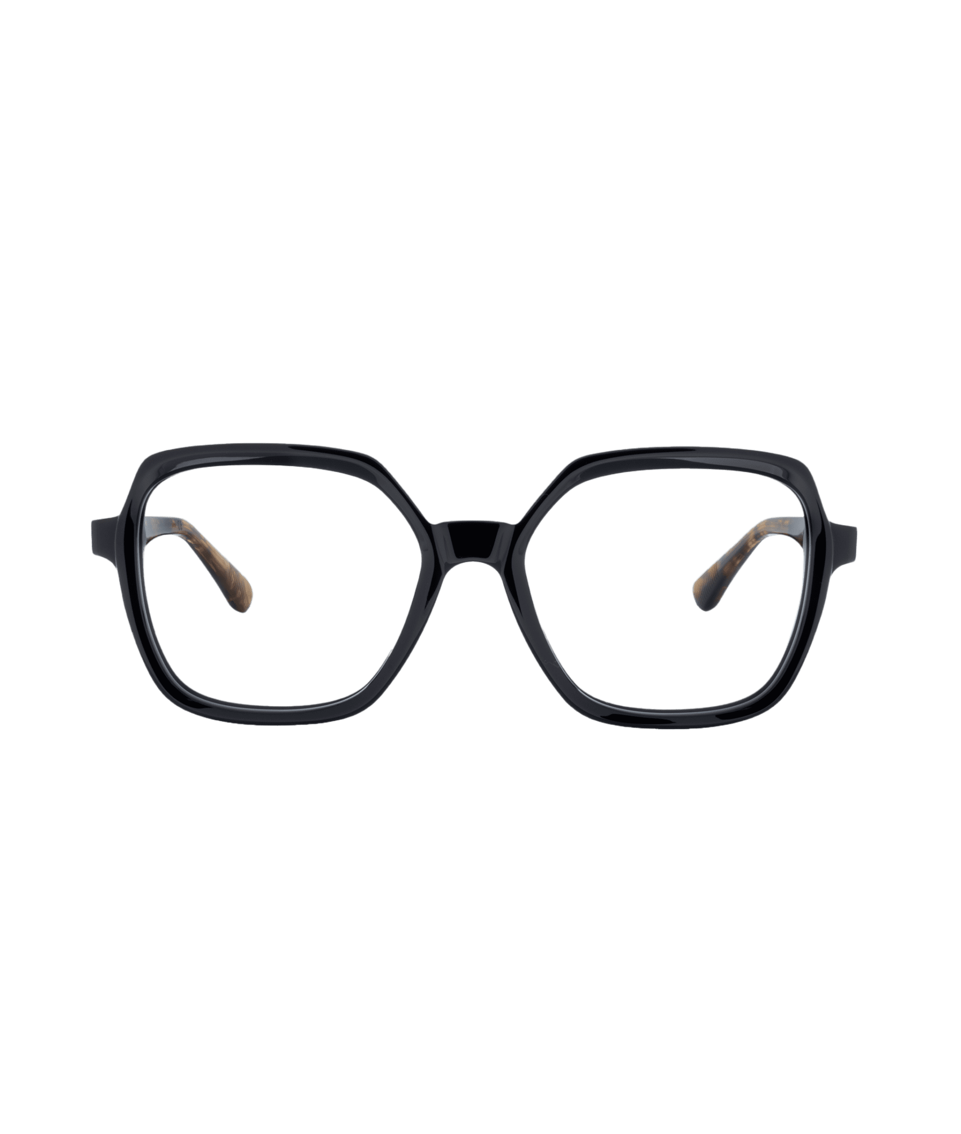 Black geometric DAISY eyeglasses feature slightly rounded rectangular frames with clear lenses and a subtle tortoiseshell pattern on the inner temples, shown on a light gray background. Find this style at Vu, home to Montréal’s largest frame selection.