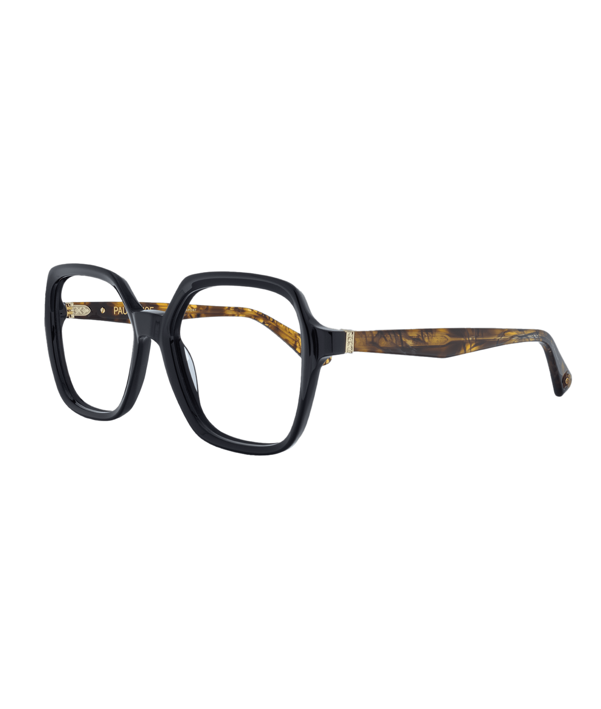 This black frame with tortoiseshell temples blends elegance and softness through its subtle contrast. The square, classic, and timeless shapes add a discreet touch of refinement.