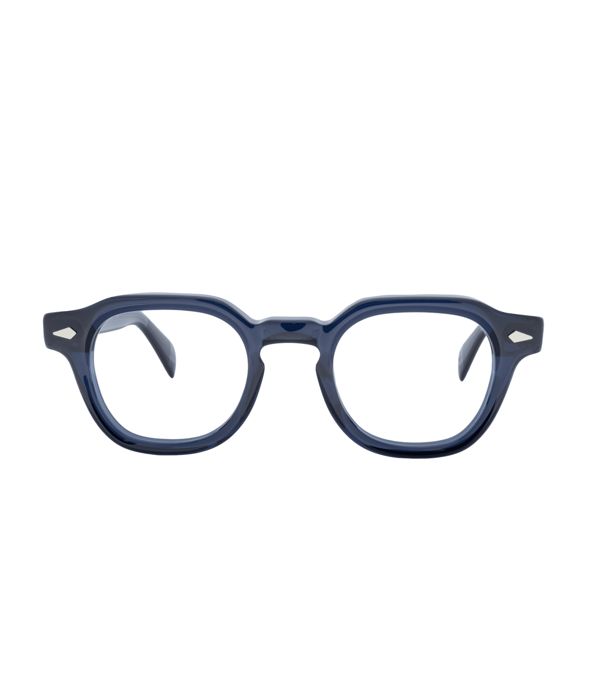 Blue acetate eyeglasses with thick, rounded rectangular frames, keyhole bridge, and silver diamond-shaped accents on the temples—discover this stylish pair at Vu, la lunetterie à Montréal.