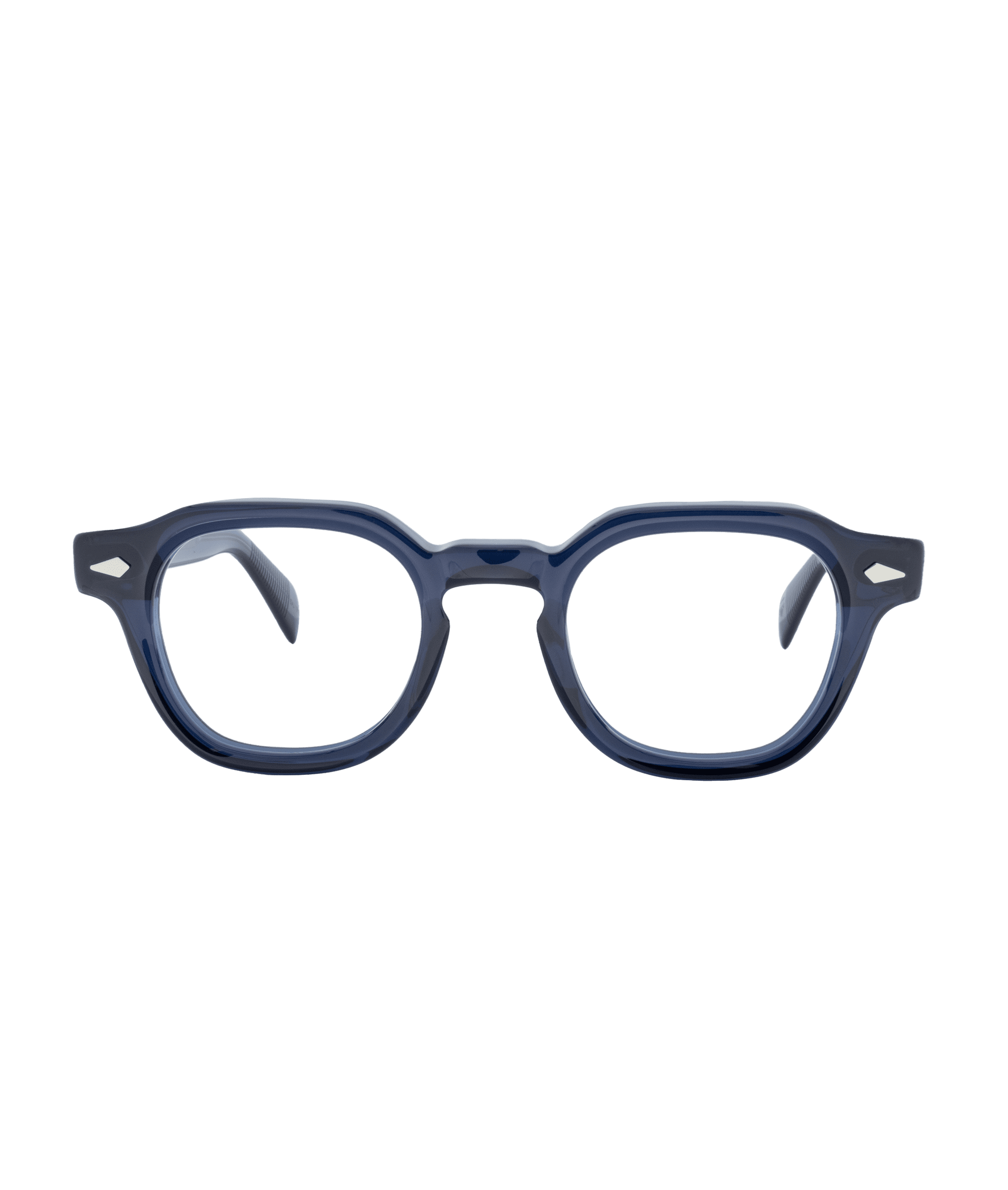 Blue acetate eyeglasses with thick, rounded rectangular frames, keyhole bridge, and silver diamond-shaped accents on the temples—discover this stylish pair at Vu, la lunetterie à Montréal.