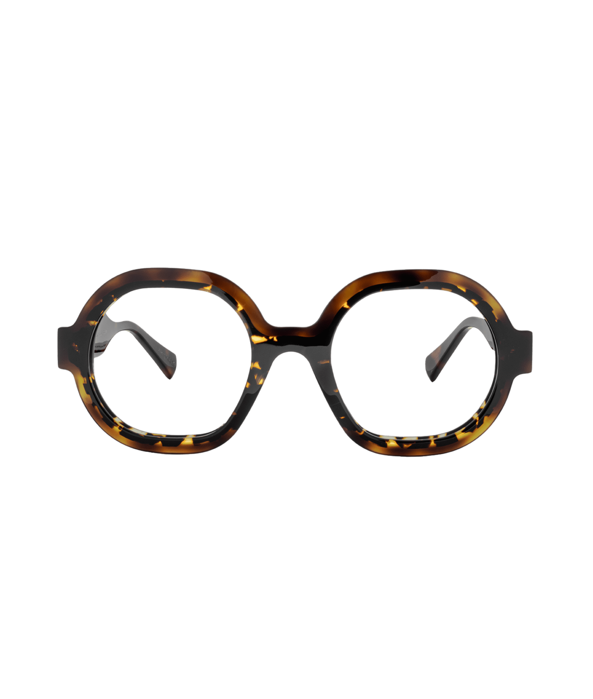 Round, oversized eyeglass frames with a tortoiseshell pattern, viewed from the front against a plain white background—discover this style and more at Vu, le plus grand inventaire de montures à Montréal.