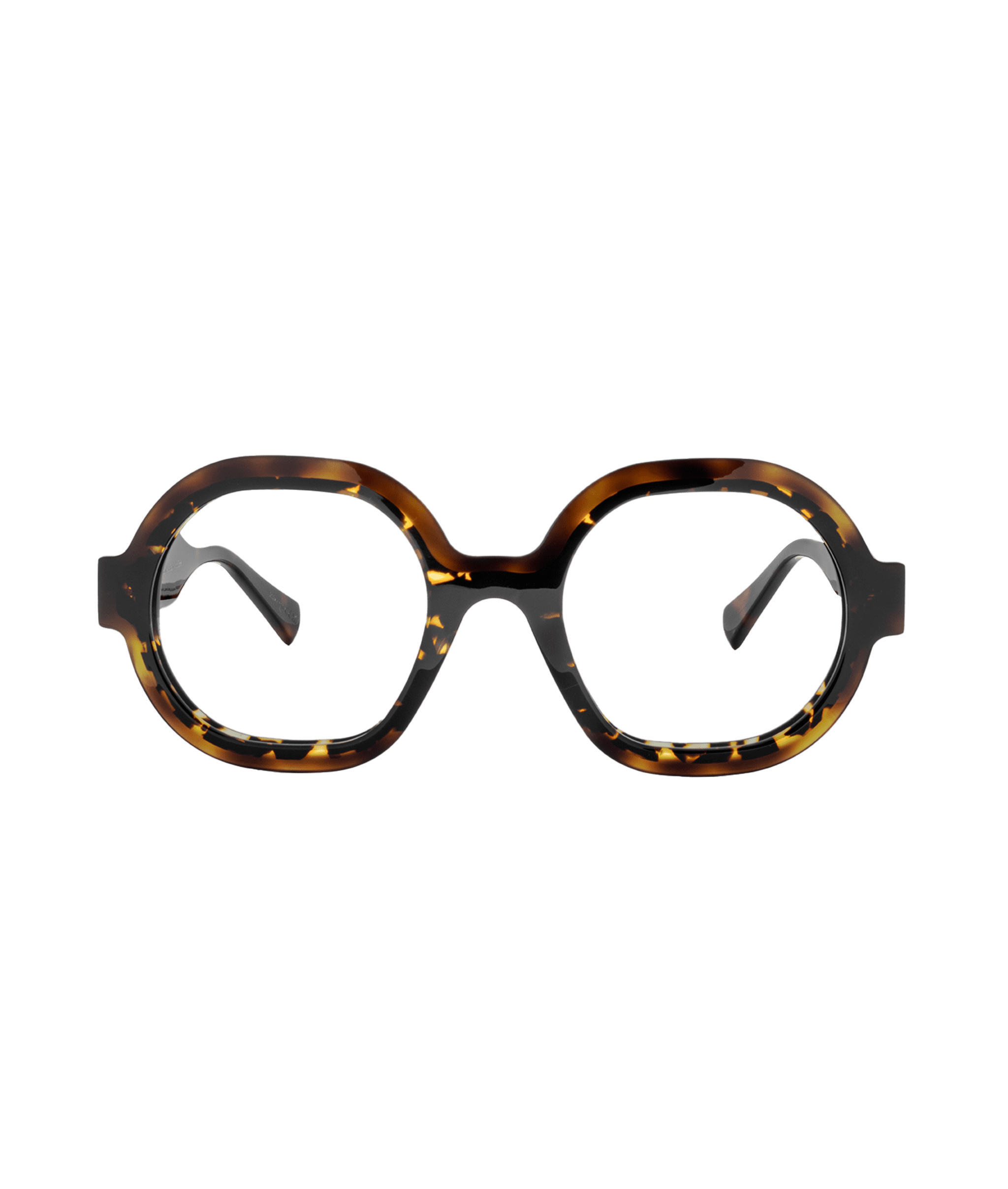 Round, oversized eyeglass frames with a tortoiseshell pattern, viewed from the front against a plain white background—discover this style and more at Vu, le plus grand inventaire de montures à Montréal.