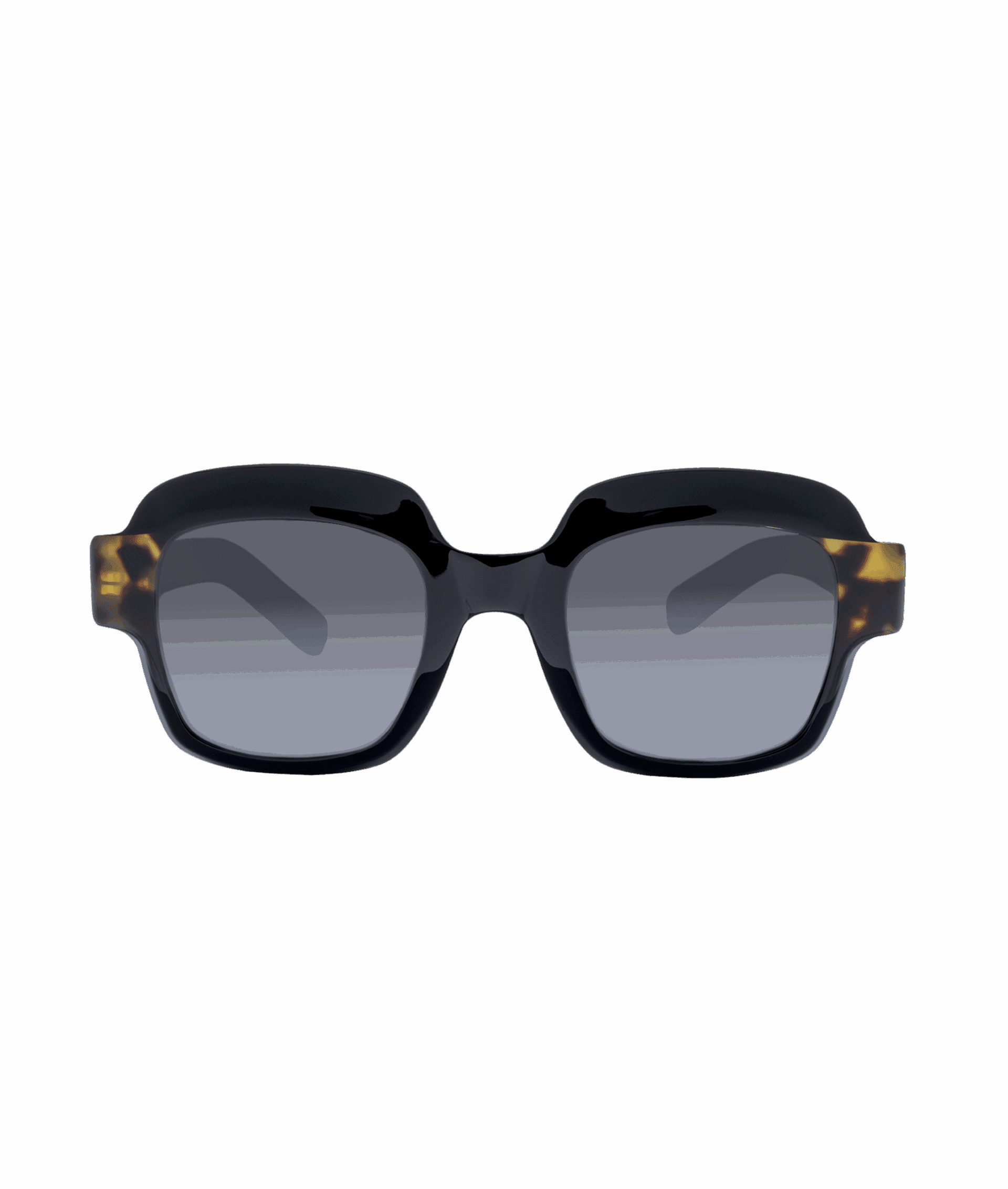 Square-shaped sunglasses with thick, glossy, black-and-tortoiseshell frames and dark gradient lenses, featured by Vu, la lunetterie à Montréal au plus grand inventaire de montures. Displayed on a plain white background.