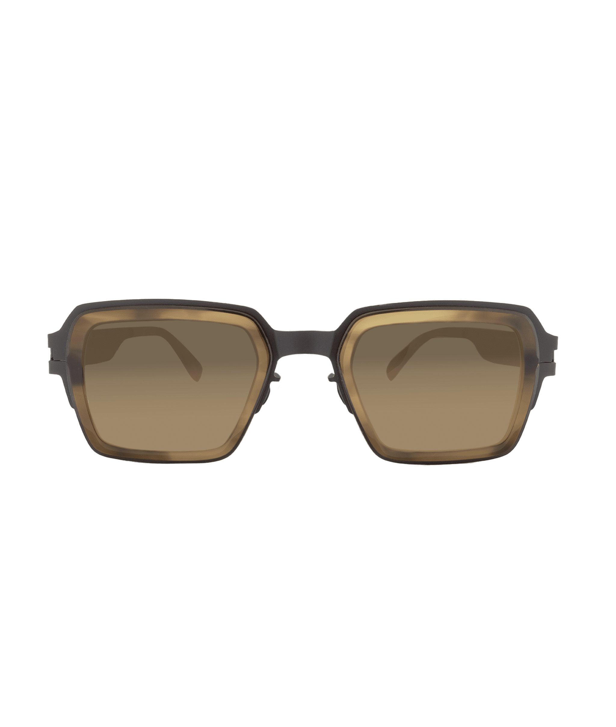 Front view of a pair of sunglasses with geometric brown-tinted lenses and a dark, thin frame against a plain white background, offered by Vu, la lunetterie à Montréal avec le plus grand inventaire de montures.