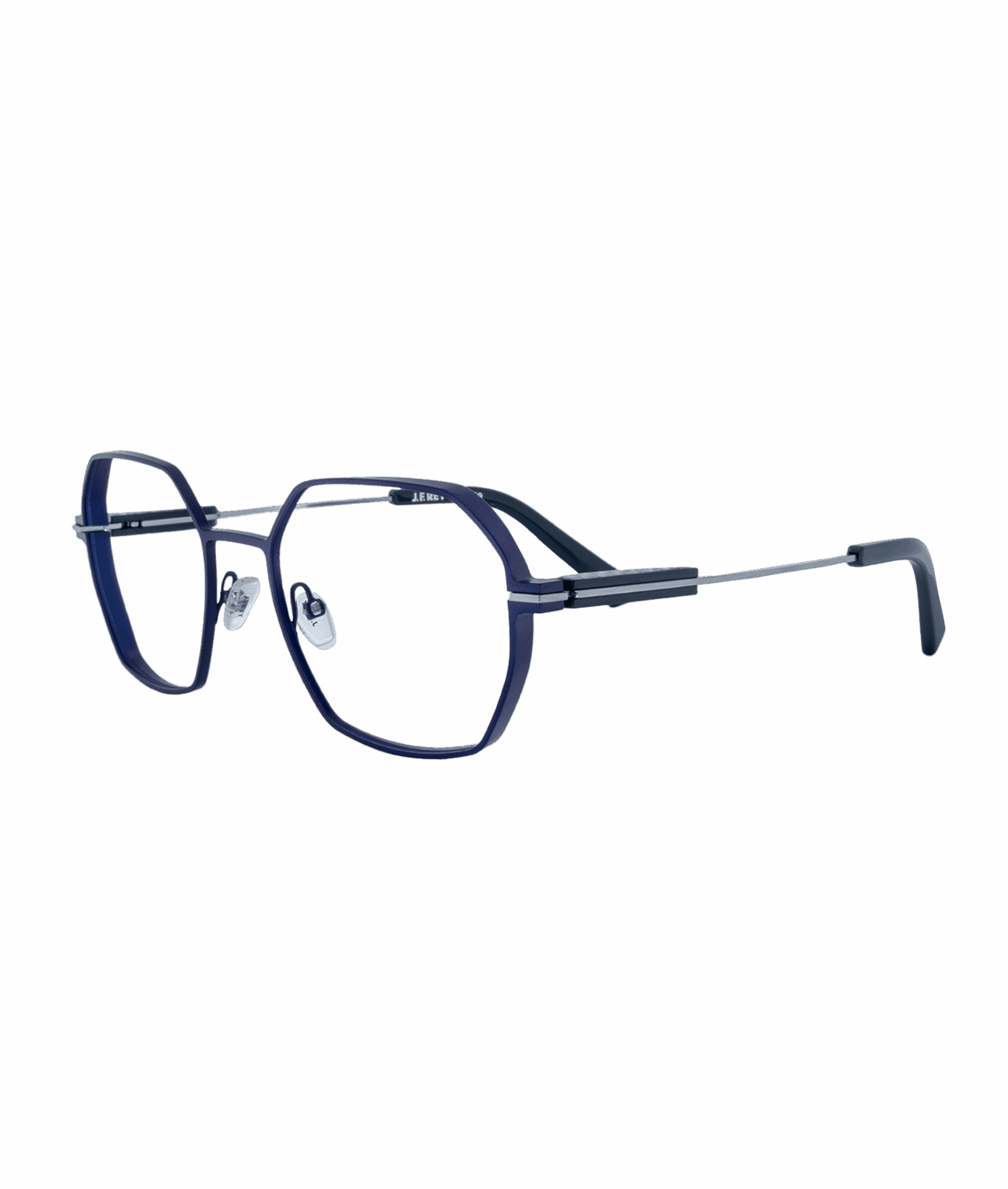 Cette monture allie design moderne et technologie avancée. Dotée d'une face en titane léger et de branches en acier inoxydable, elle offre un confort optimal. La charnière sans vis, avec des détails en fibre de carbone ou en fibre de verre, ajoute une touche unique et industrielle.