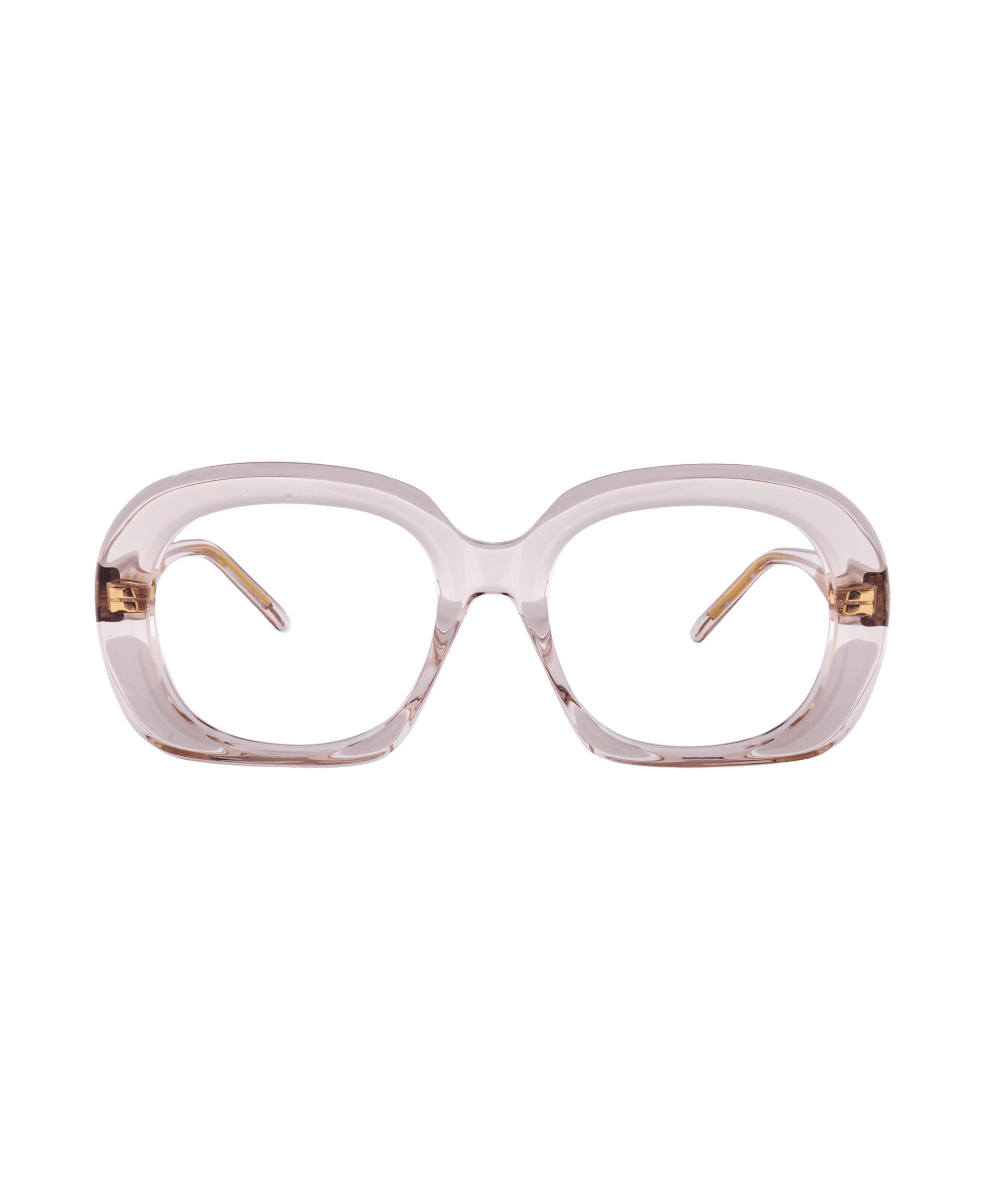 The Vu 50056I eyeglasses feature transparent light pink rectangular thick frames with gold temple accents, shown on a plain white background. Vu offers Le plus grand inventaire de montures à Montréal.
