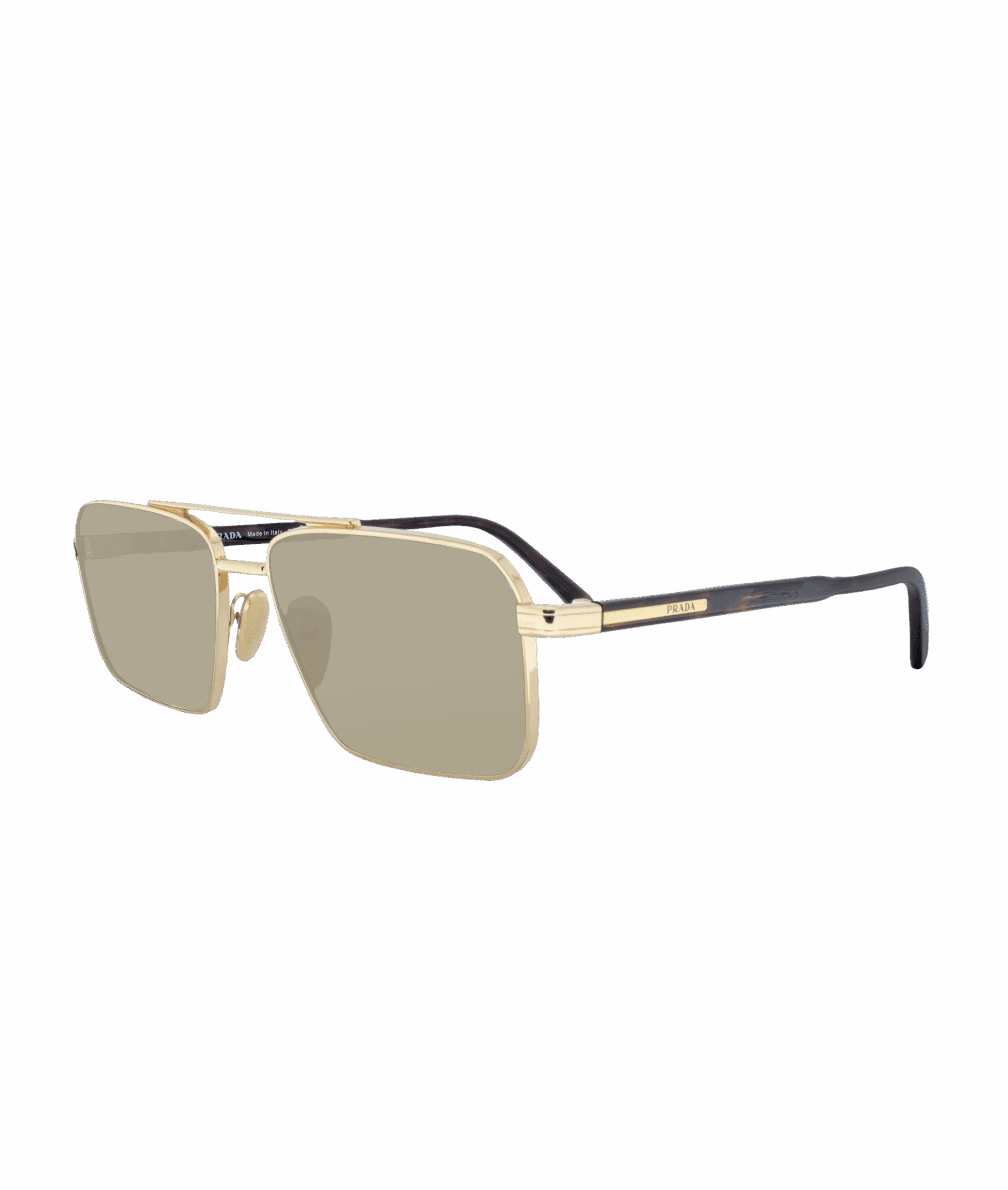 The rectangular aviator shape, currently very on-trend, is elevated by the Prada PR A57S sunglasses. Taking the rectangular form to new heights, they feature a captivating gold color paired with light brown lenses.