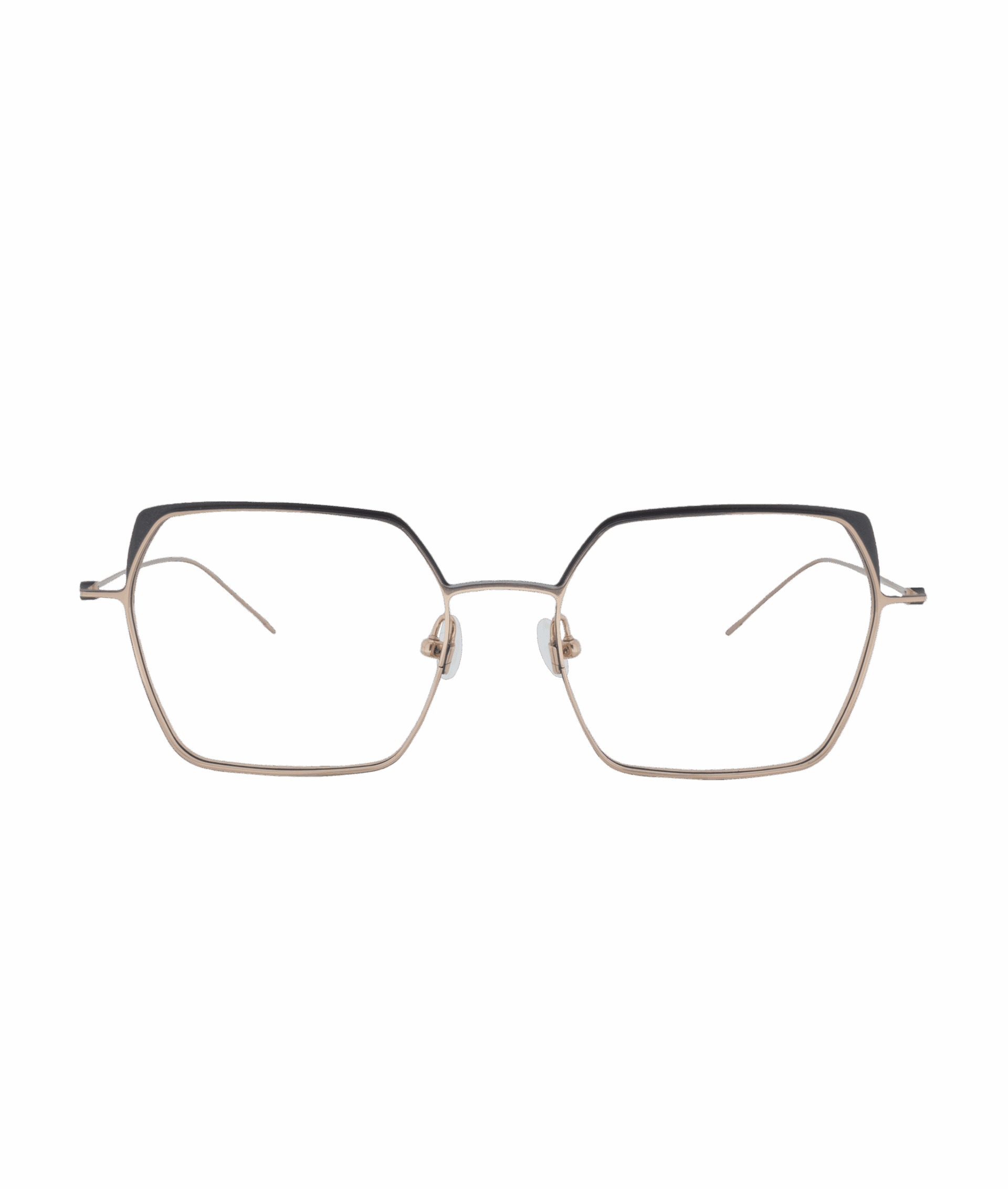 The A29 eyeglasses from Vu feature thin gold metal frames and geometric hexagonal lenses, shown against a plain white background. Vu is a Montréal lunetterie with the largest selection of frames in the city.