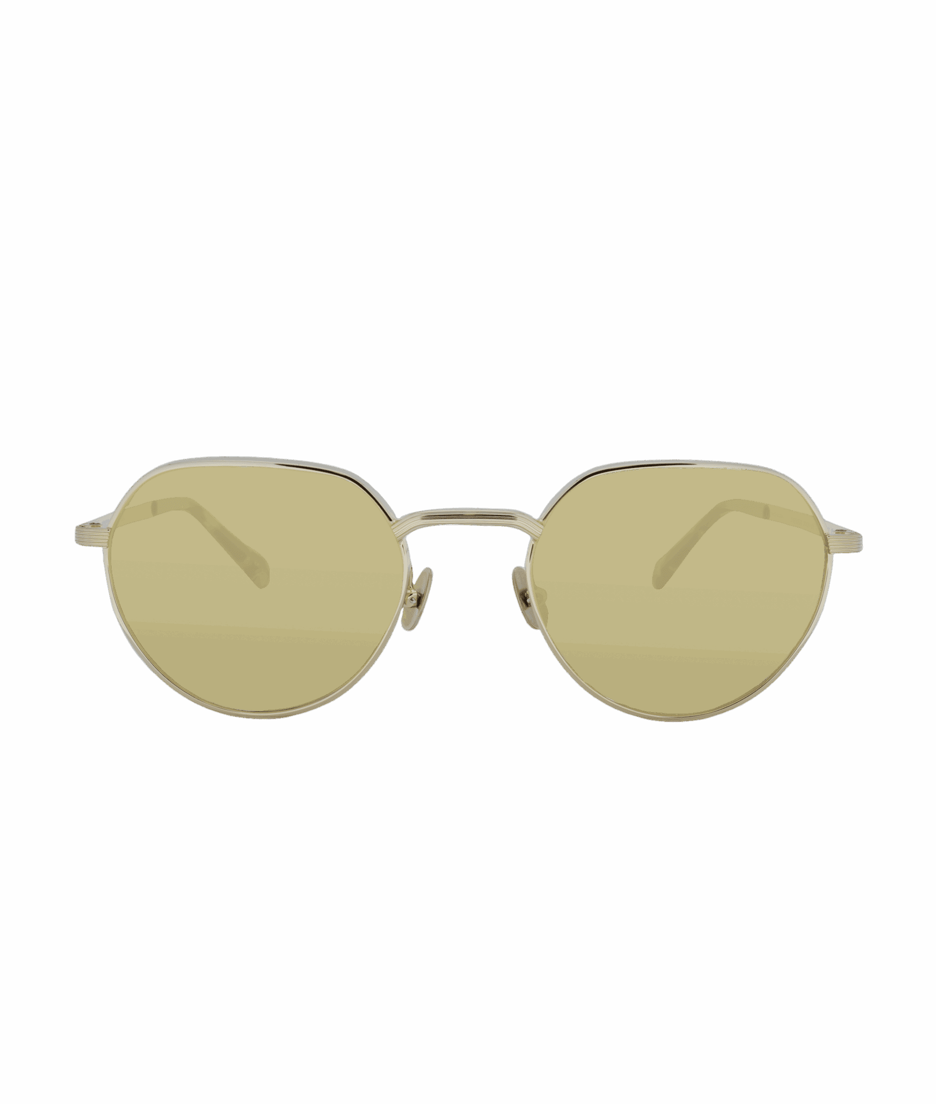 Round sunglasses with thin gold metal frames and light yellow tinted lenses, viewed from the front against a plain white background. Découvrez ce style chez Vu, le plus grand inventaire de montures à Montréal.