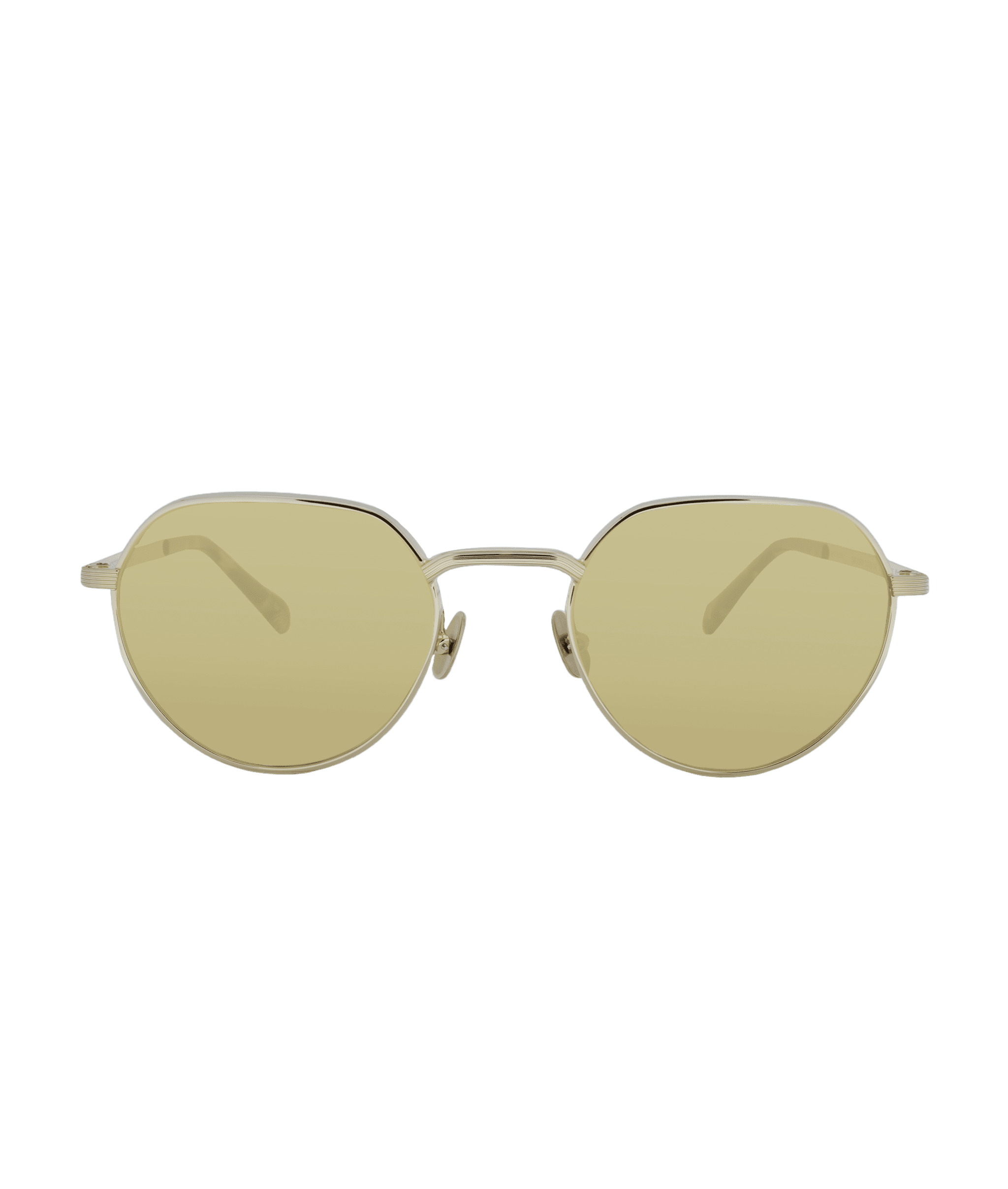 Round sunglasses with thin gold metal frames and light yellow tinted lenses, viewed from the front against a plain white background. Découvrez ce style chez Vu, le plus grand inventaire de montures à Montréal.