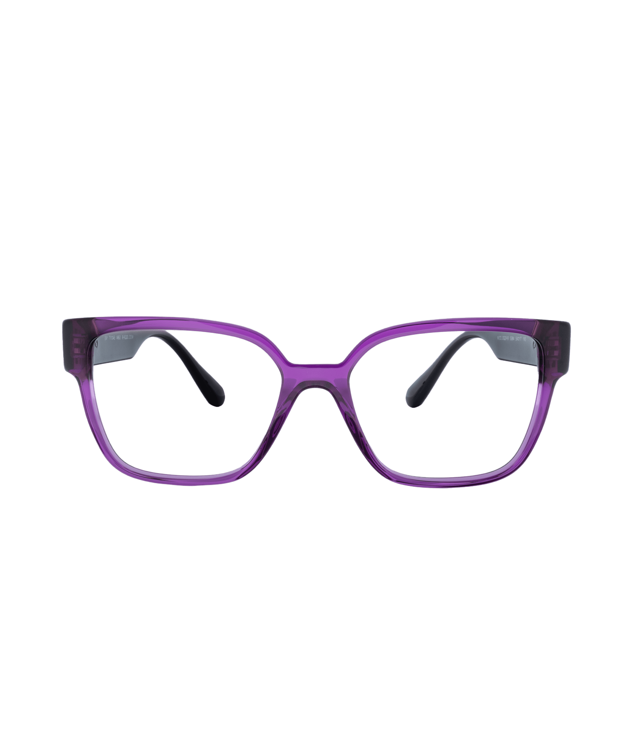 Discover Vu 3329B eyeglasses—rectangular frames in translucent purple plastic with black temple tips—displayed on a white background. Explore Montréal’s largest selection of frames at our eyewear boutique.